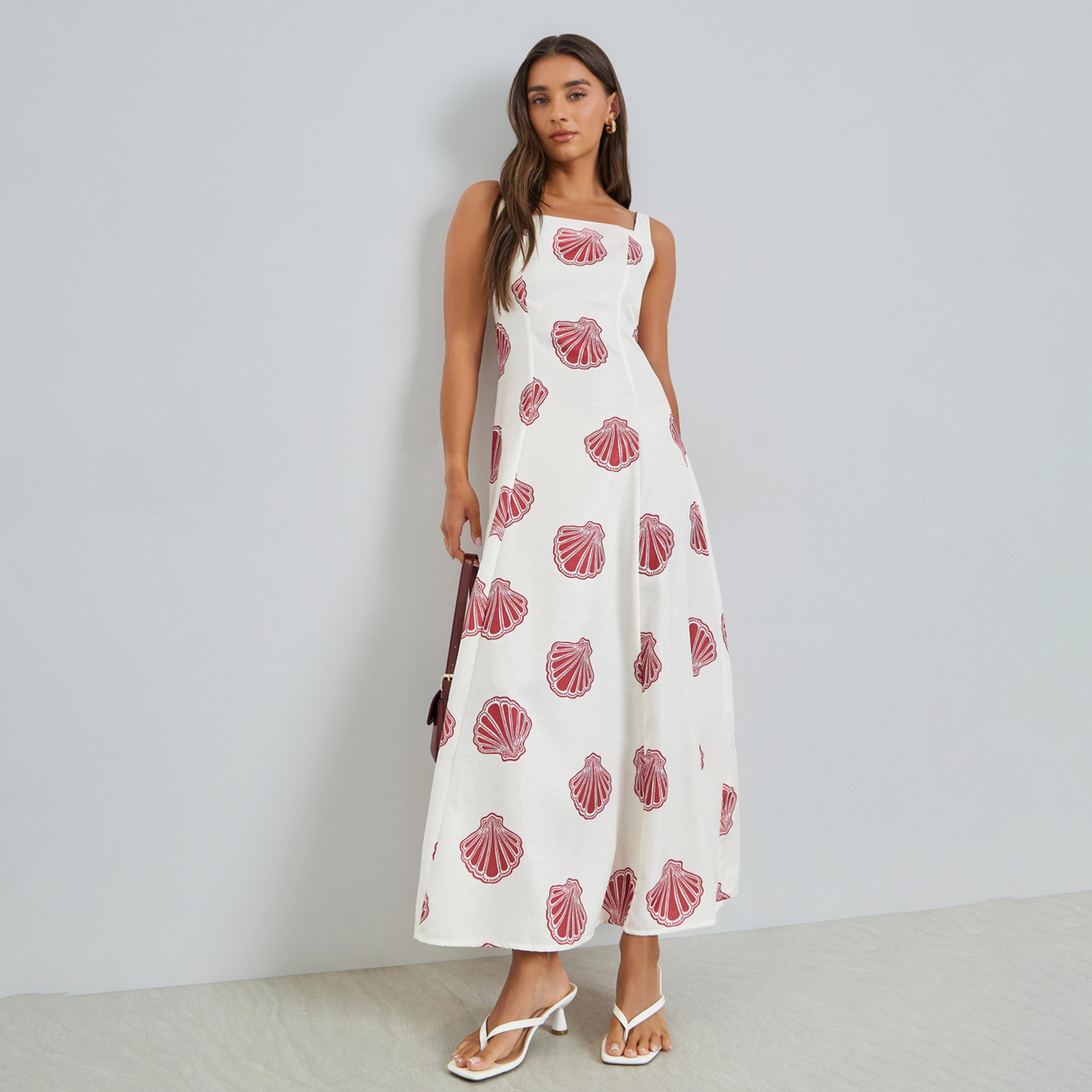 Styli Red Seashell Print A-Line Maxi Dress-women-clothing-dresses-image-1