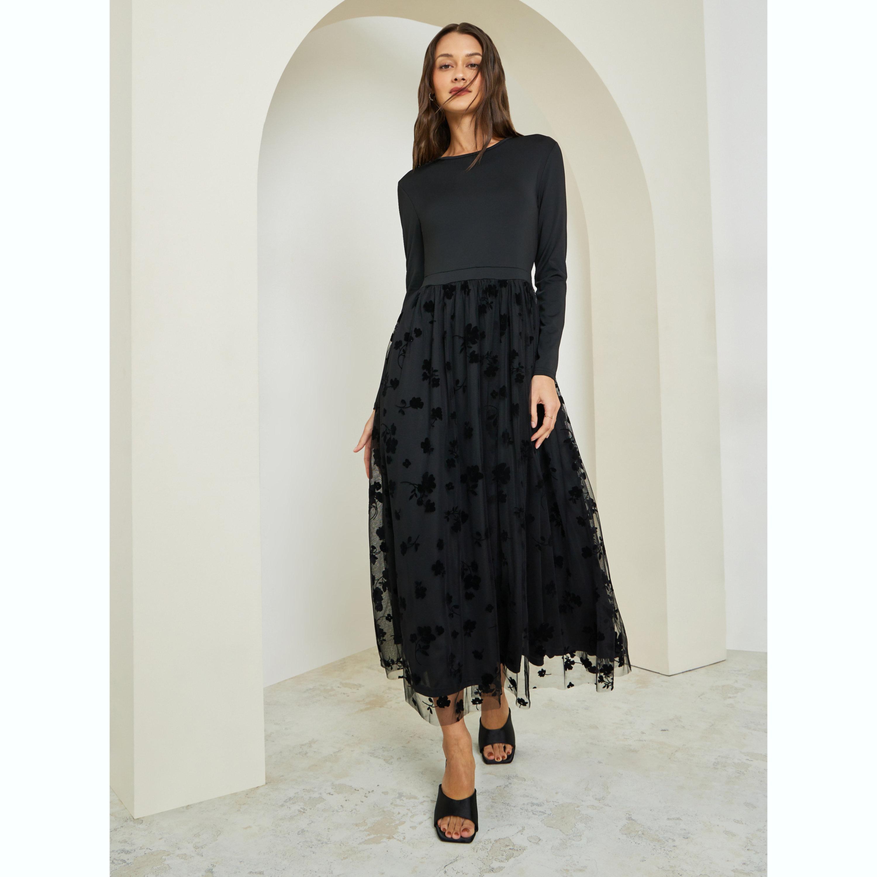 فستان طويل بحافة واسعة شبكي منقوش-women-clothing-dresses-image-1