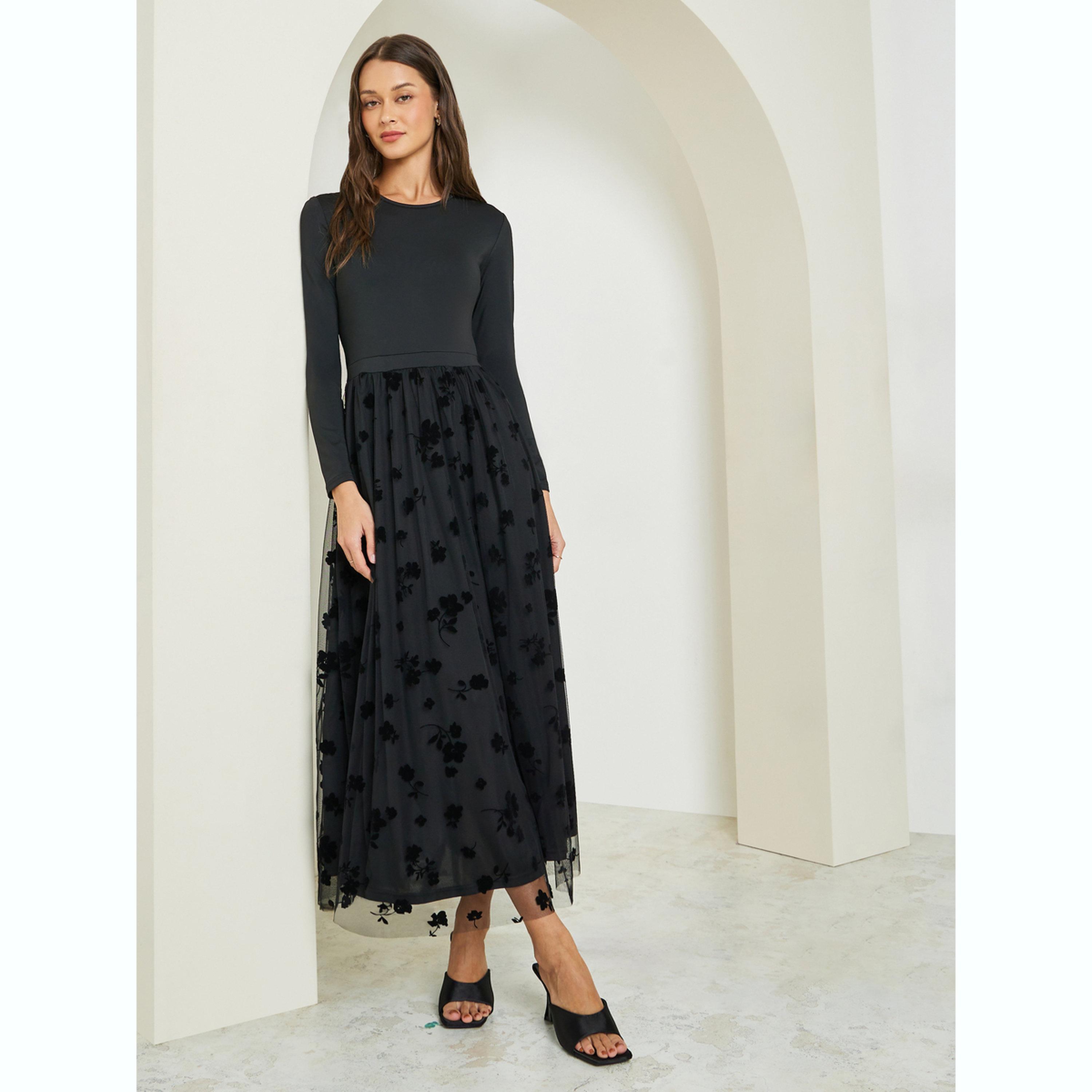 فستان طويل بحافة واسعة شبكي منقوش-women-clothing-dresses-image-3