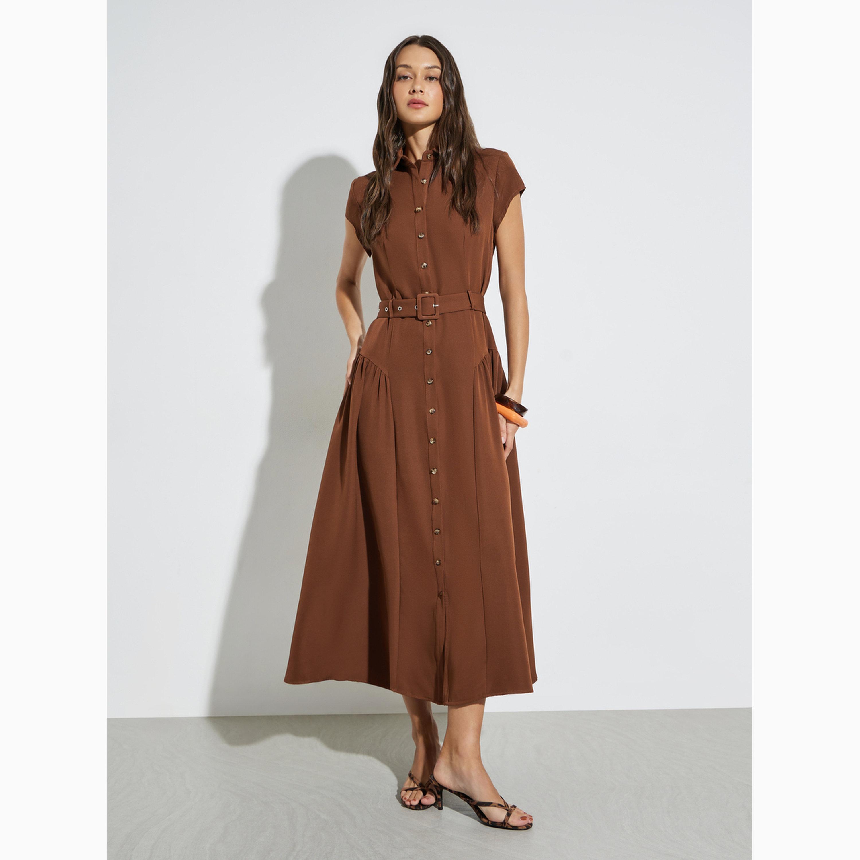 فستان طويل نمط بلوزة بحزام بني-women-clothing-dresses-image-1