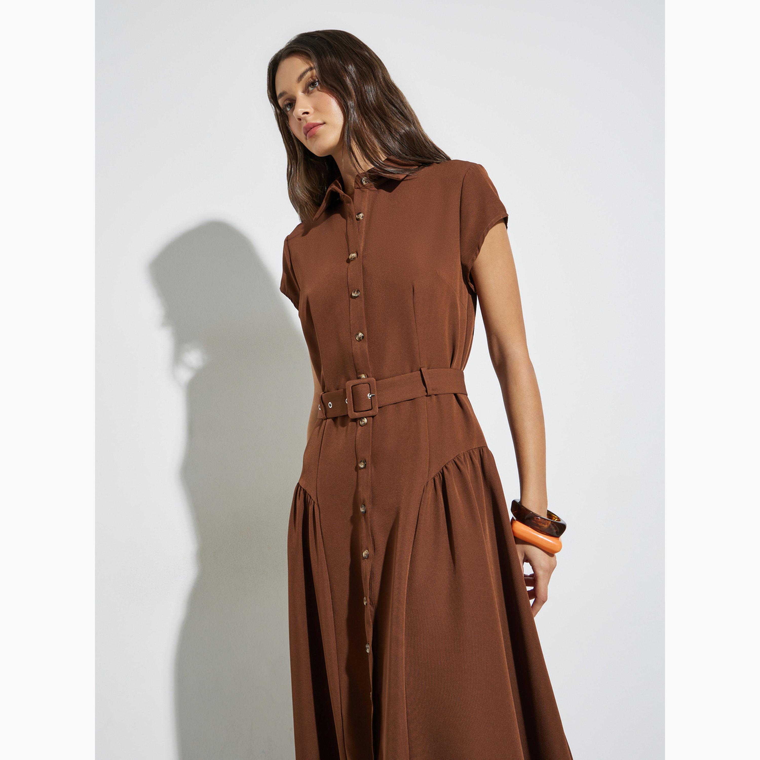 Styli Brown Belted Shirt Maxi Dress-women-clothing-dresses-image-2