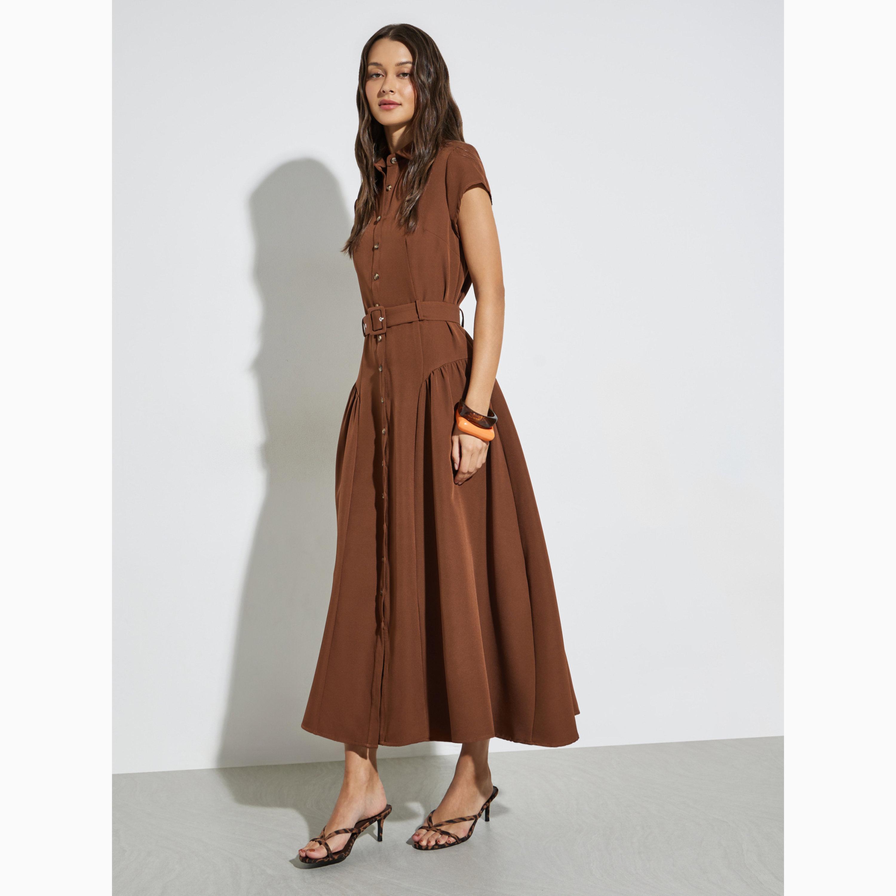 Styli Brown Belted Shirt Maxi Dress-women-clothing-dresses-image-3