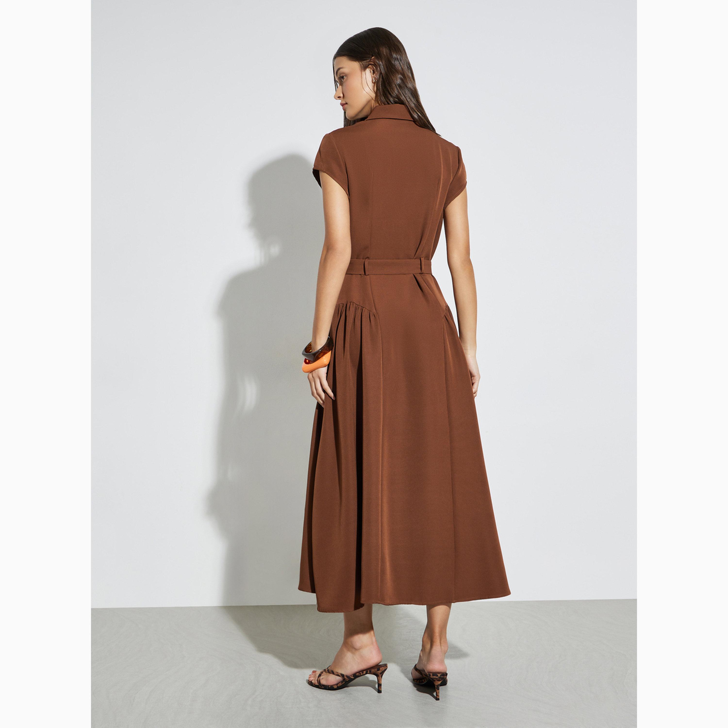 Styli Brown Belted Shirt Maxi Dress-women-clothing-dresses-image-4