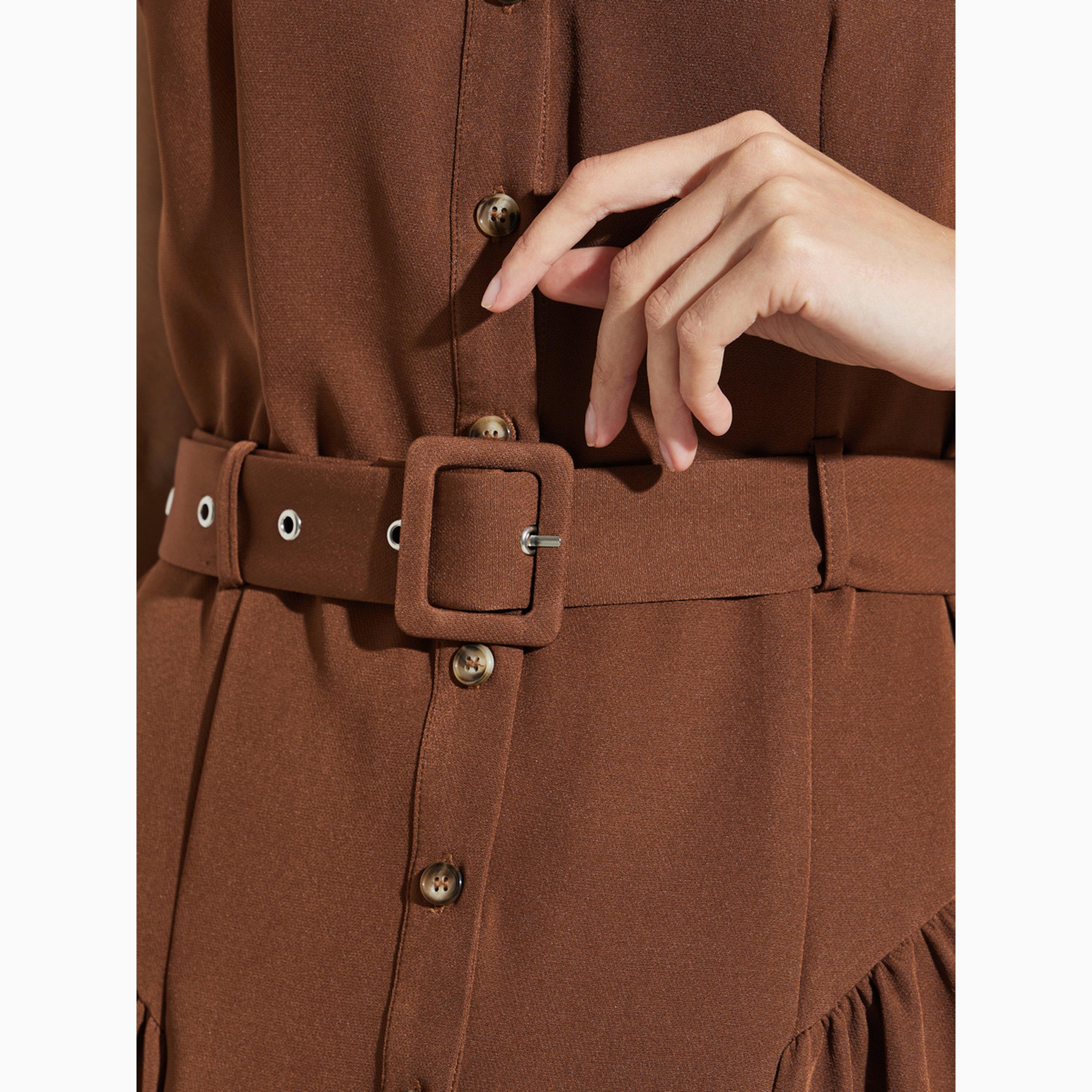 Styli Brown Belted Shirt Maxi Dress-women-clothing-dresses-image-5