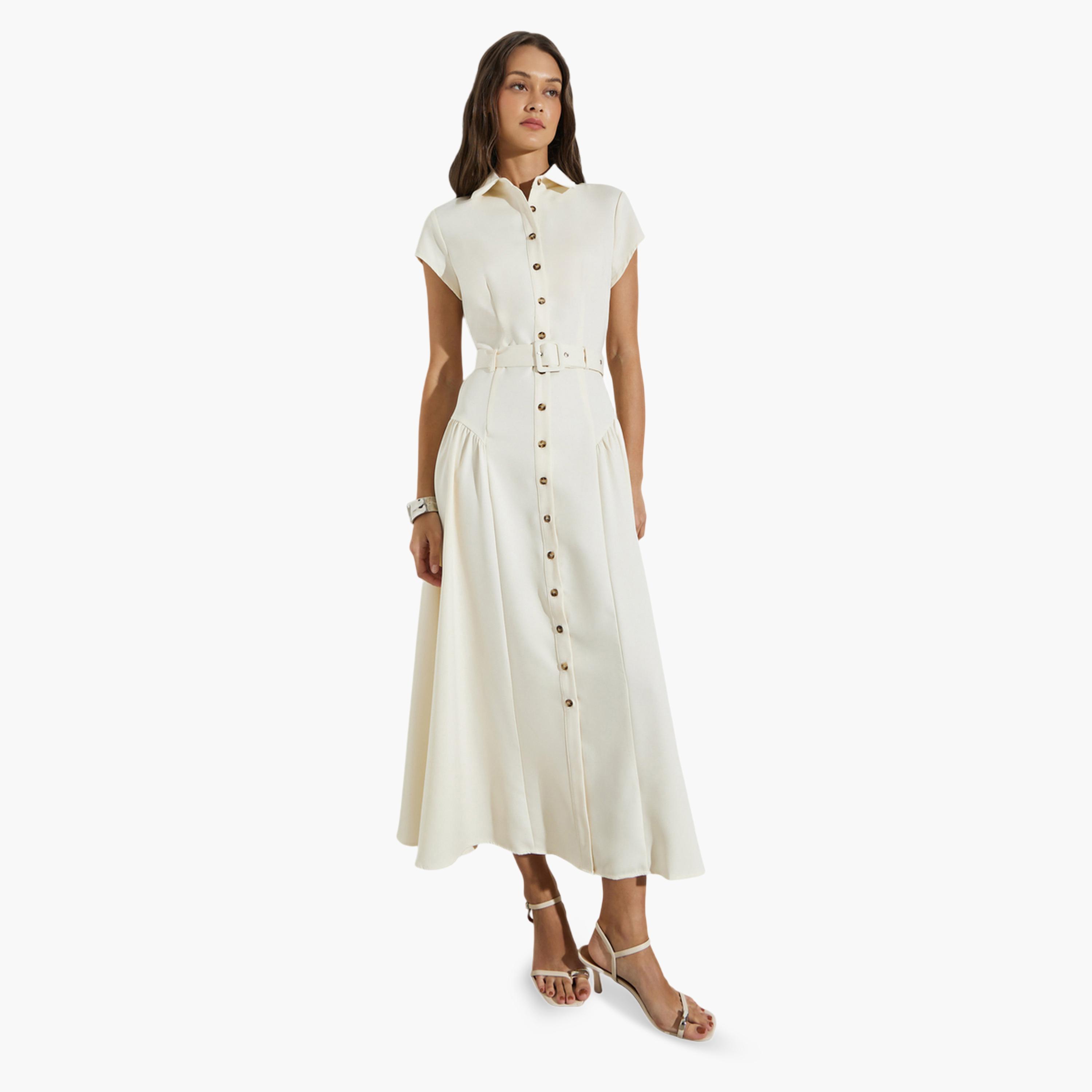 Styli Cream Belted Shirt Maxi Dress-women-clothing-dresses-image-1