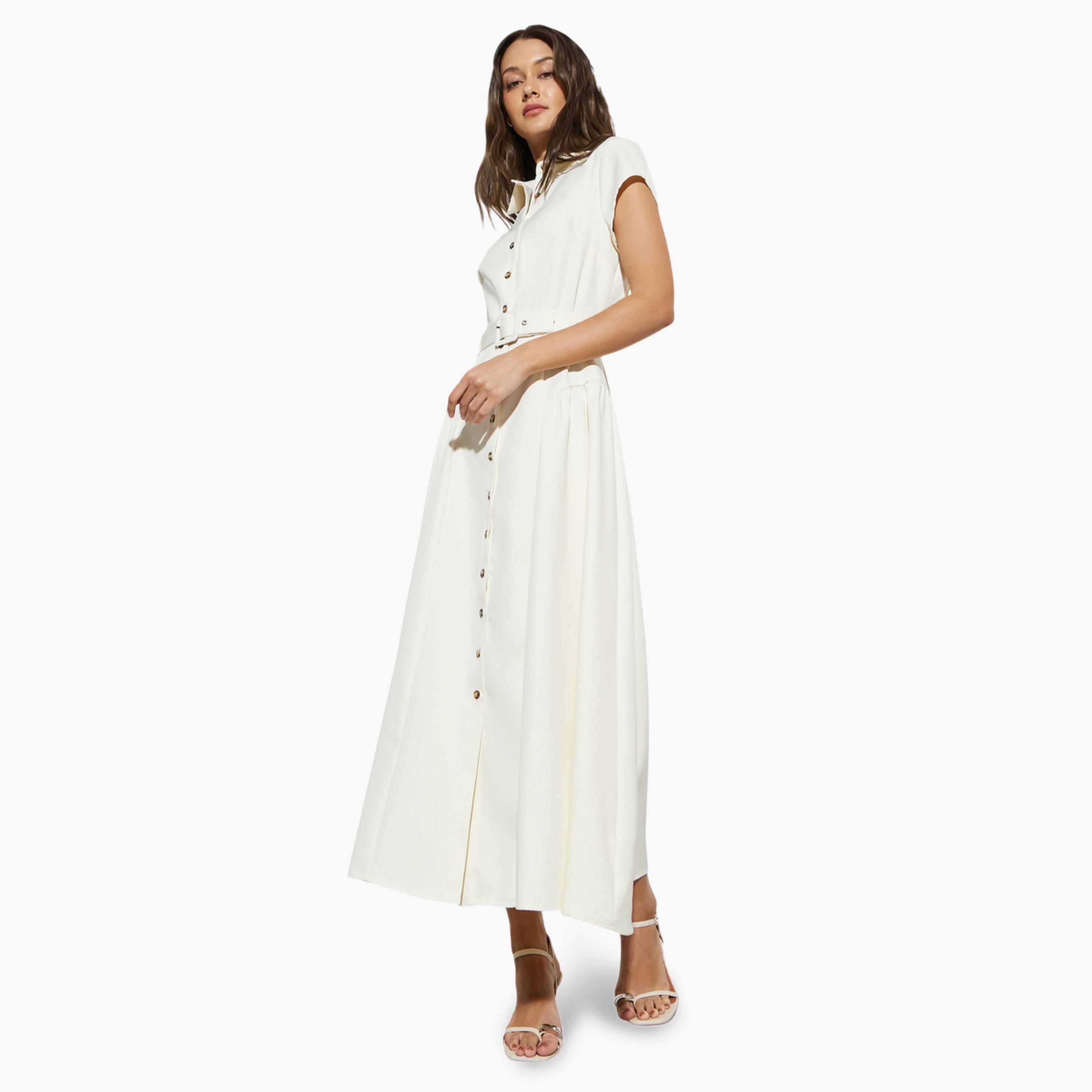 Styli Cream Belted Shirt Maxi Dress-women-clothing-dresses-image-2
