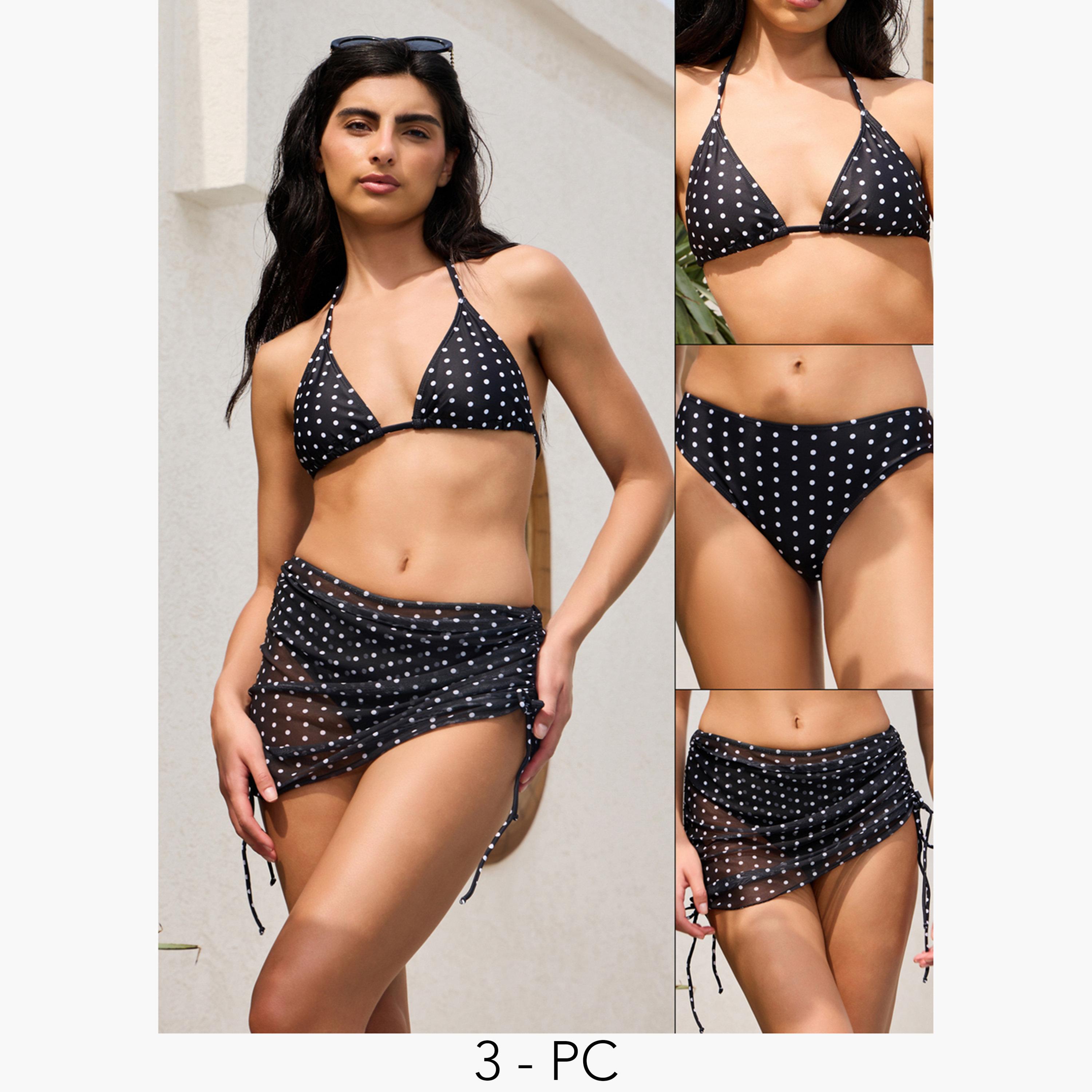 طقم من 3 قطع بيكيني مثلث مبطن برباط وسروال داخلي وتنورة لف بطبعة نقاط-women-clothing-swimandbeach-swim-swimsuits-image-1