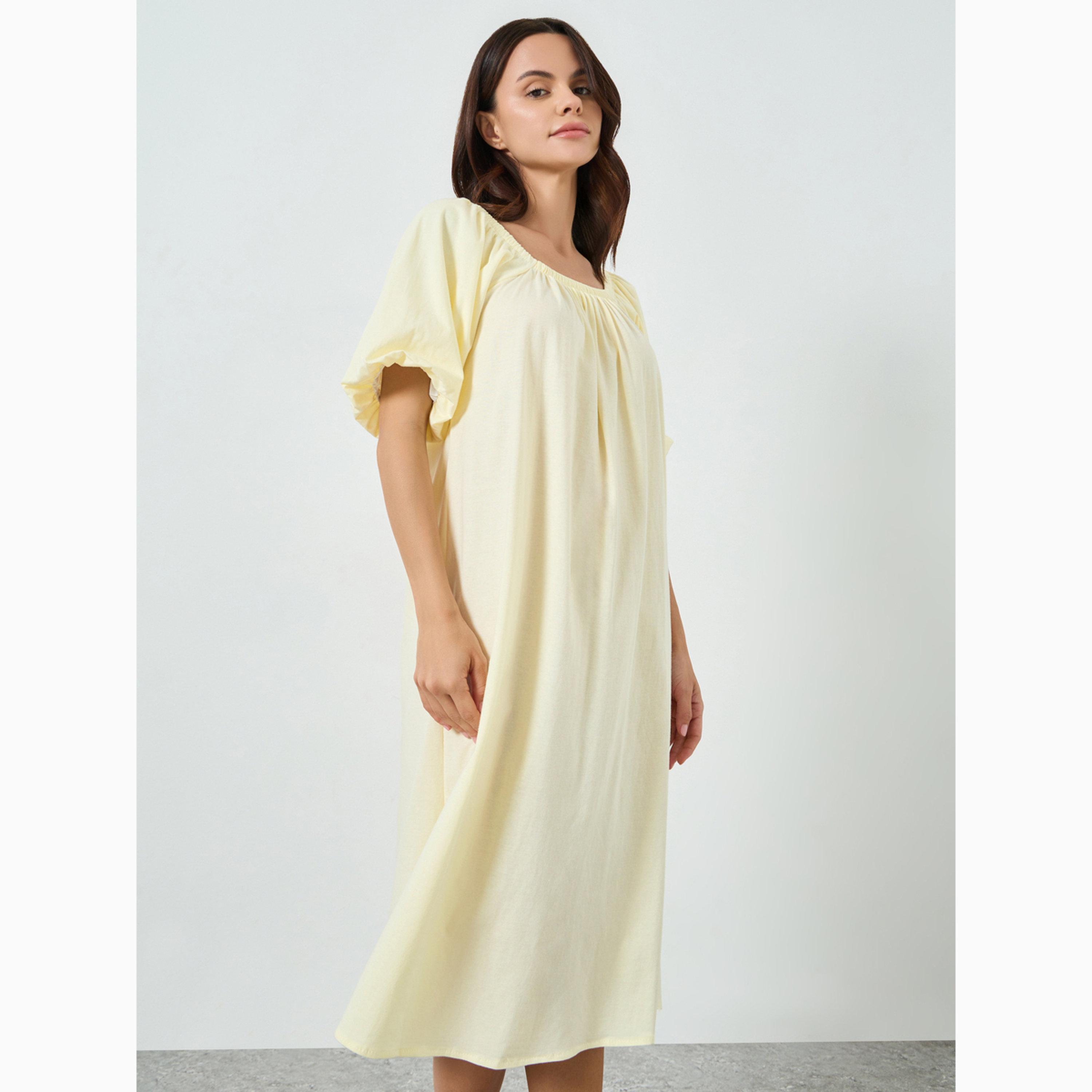 قميص نوم قطن بأكمام بالون وتفاصيل مزمومة-women-clothing-nightwear-nighties-image-1