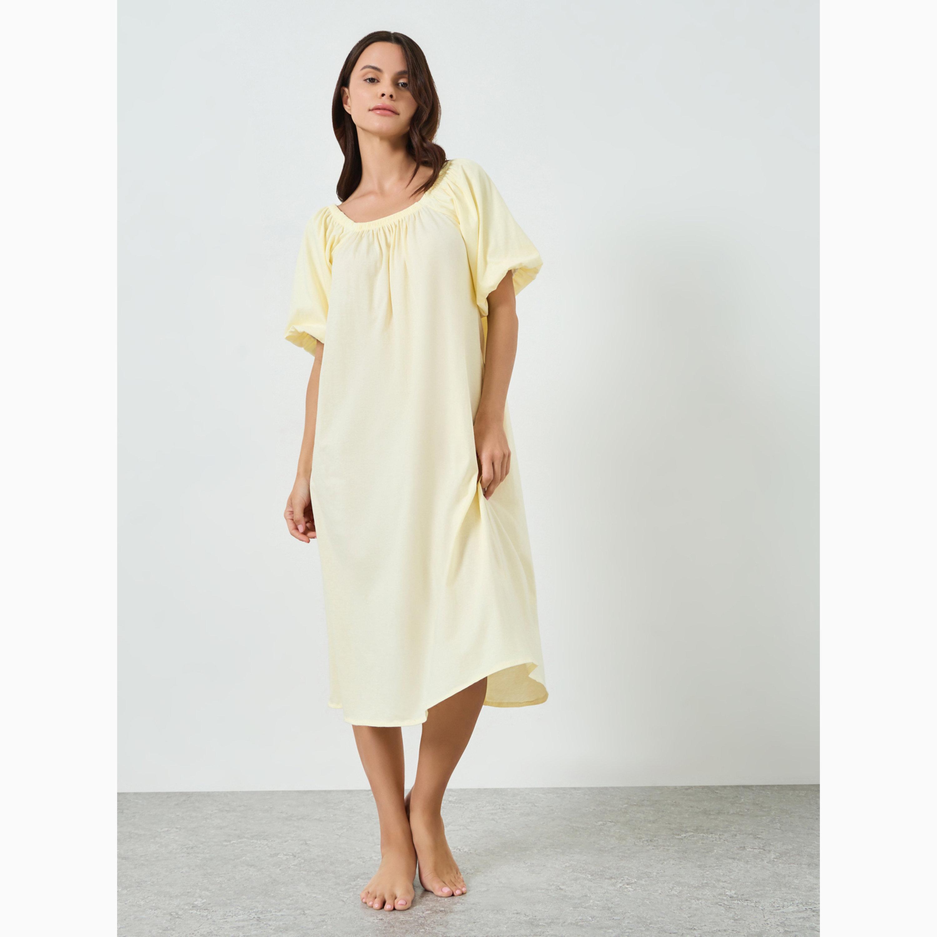 Styli Cotton Balloon Sleeve Gathered Nightdress-women-clothing-nightwear-nighties-image-2