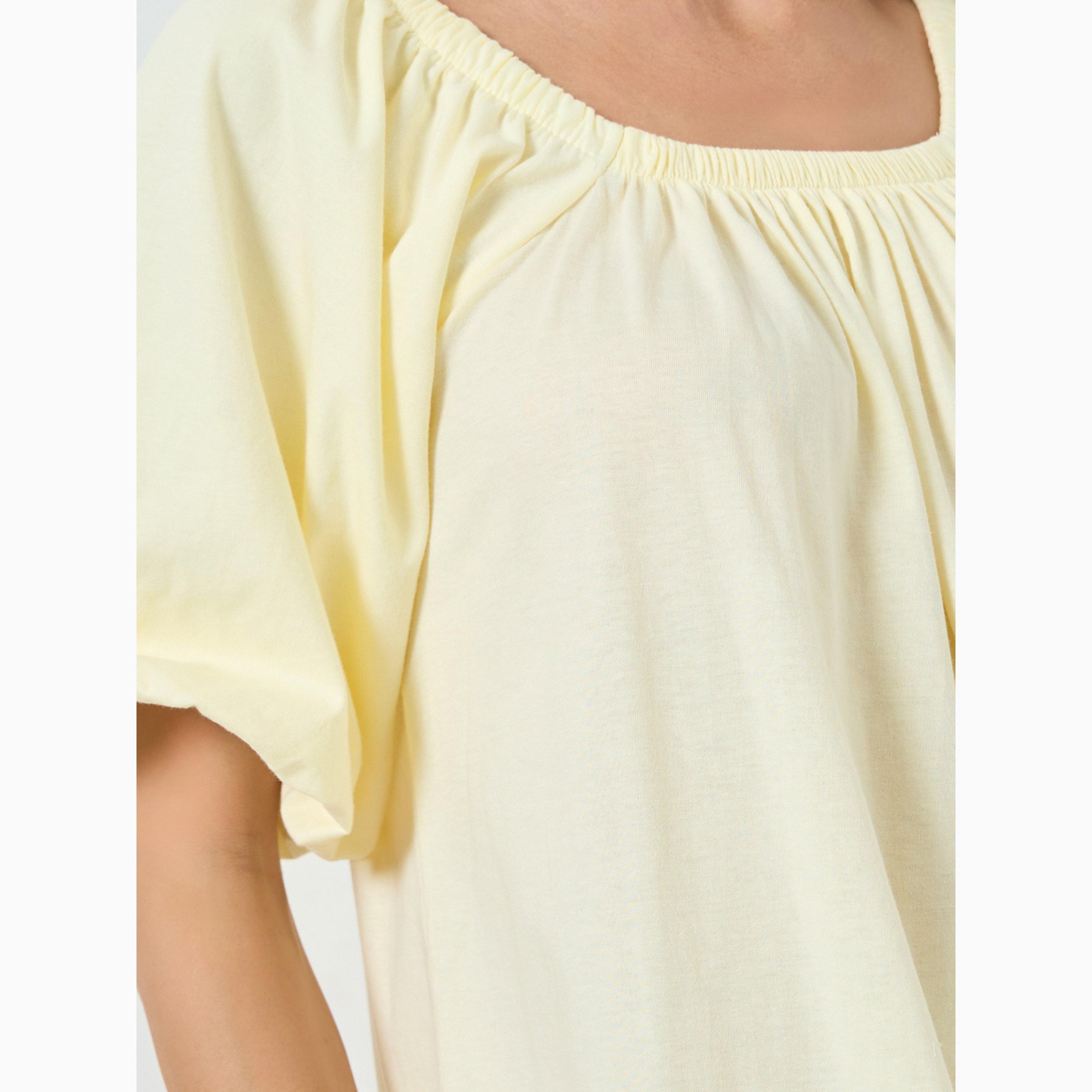 قميص نوم قطن بأكمام بالون وتفاصيل مزمومة-women-clothing-nightwear-nighties-image-3