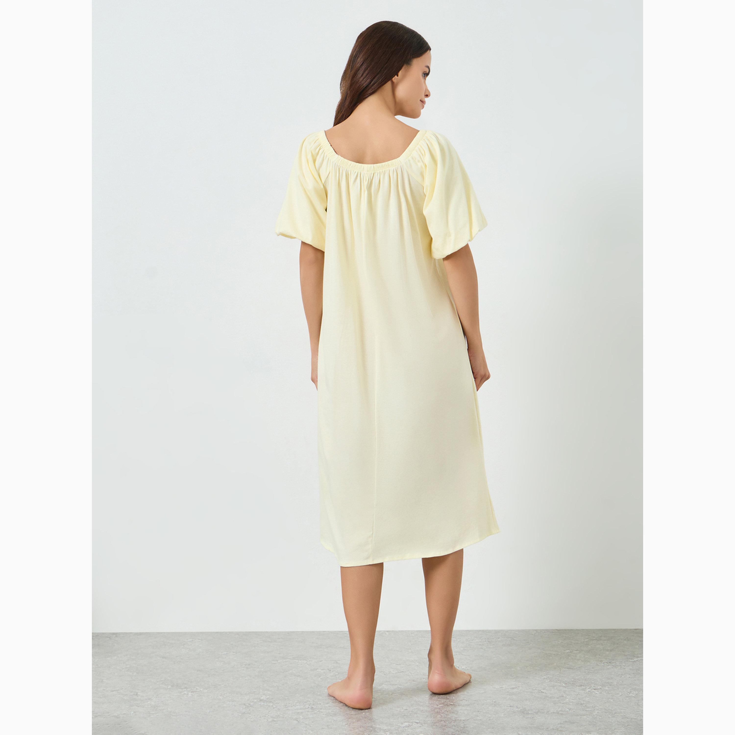 Styli Cotton Balloon Sleeve Gathered Nightdress-women-clothing-nightwear-nighties-image-4