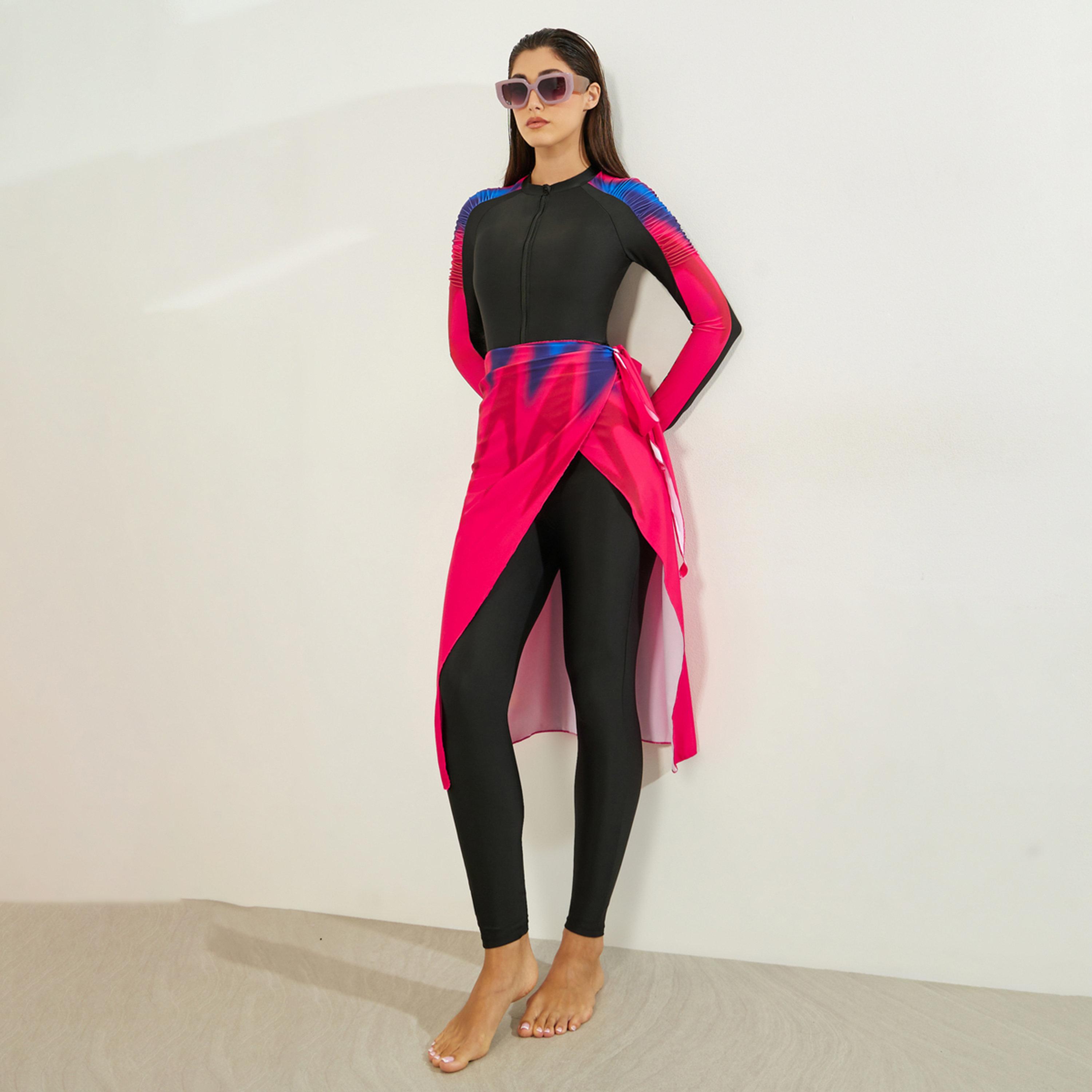 Styli Pack of 3 - Abstract Print Full Sleeve Swimsuit, Leggings and Printed Midi Wrap Skirt Burkini Set-women-clothing-swimandbeach-swim-burkinis-image-1