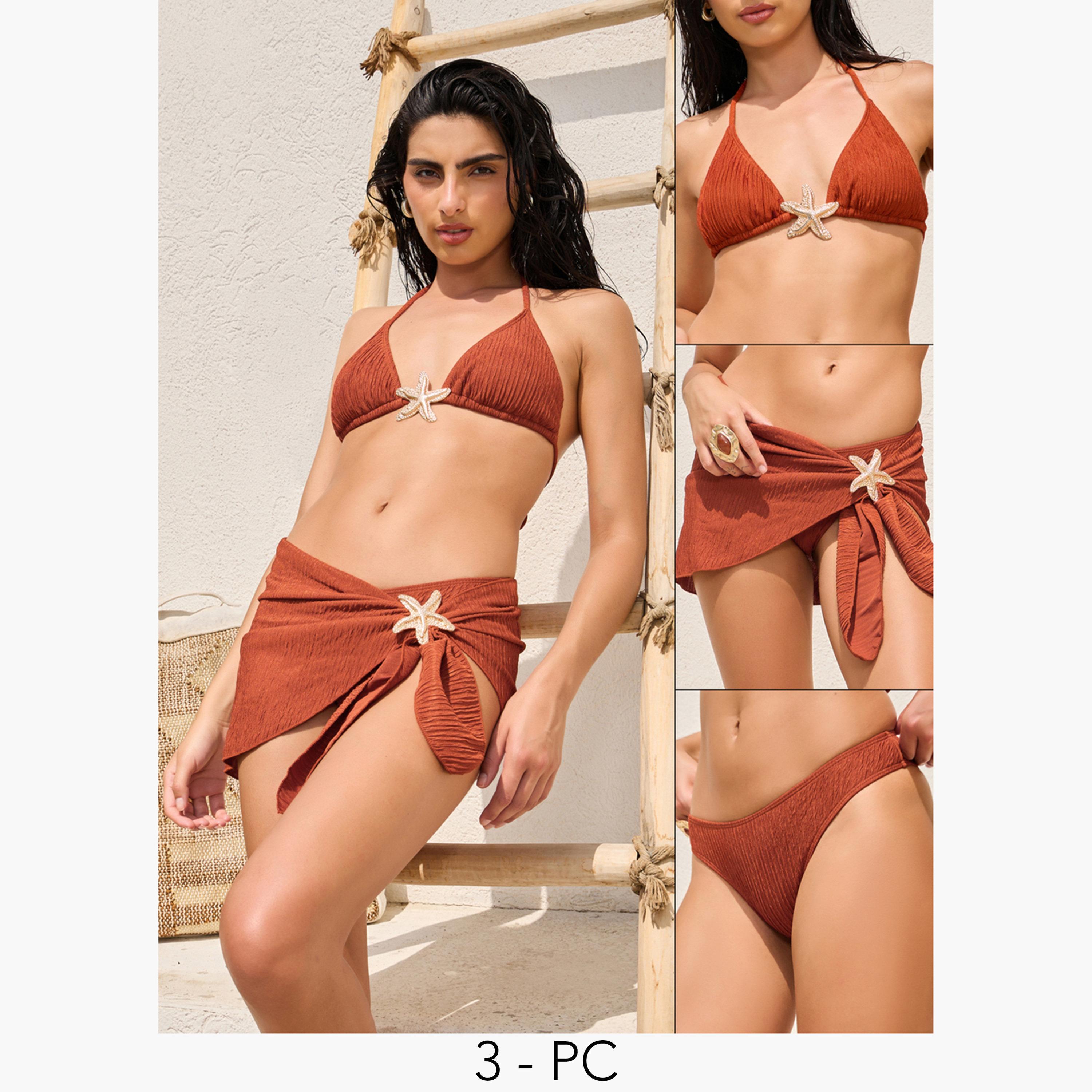 Styli Pack of 3 - Textured Tie Back Padded Triangle Bikini, Brief and Wrap Skirt with Star Fish Metal Trim-women-clothing-swimandbeach-swim-swimsuits-image-1