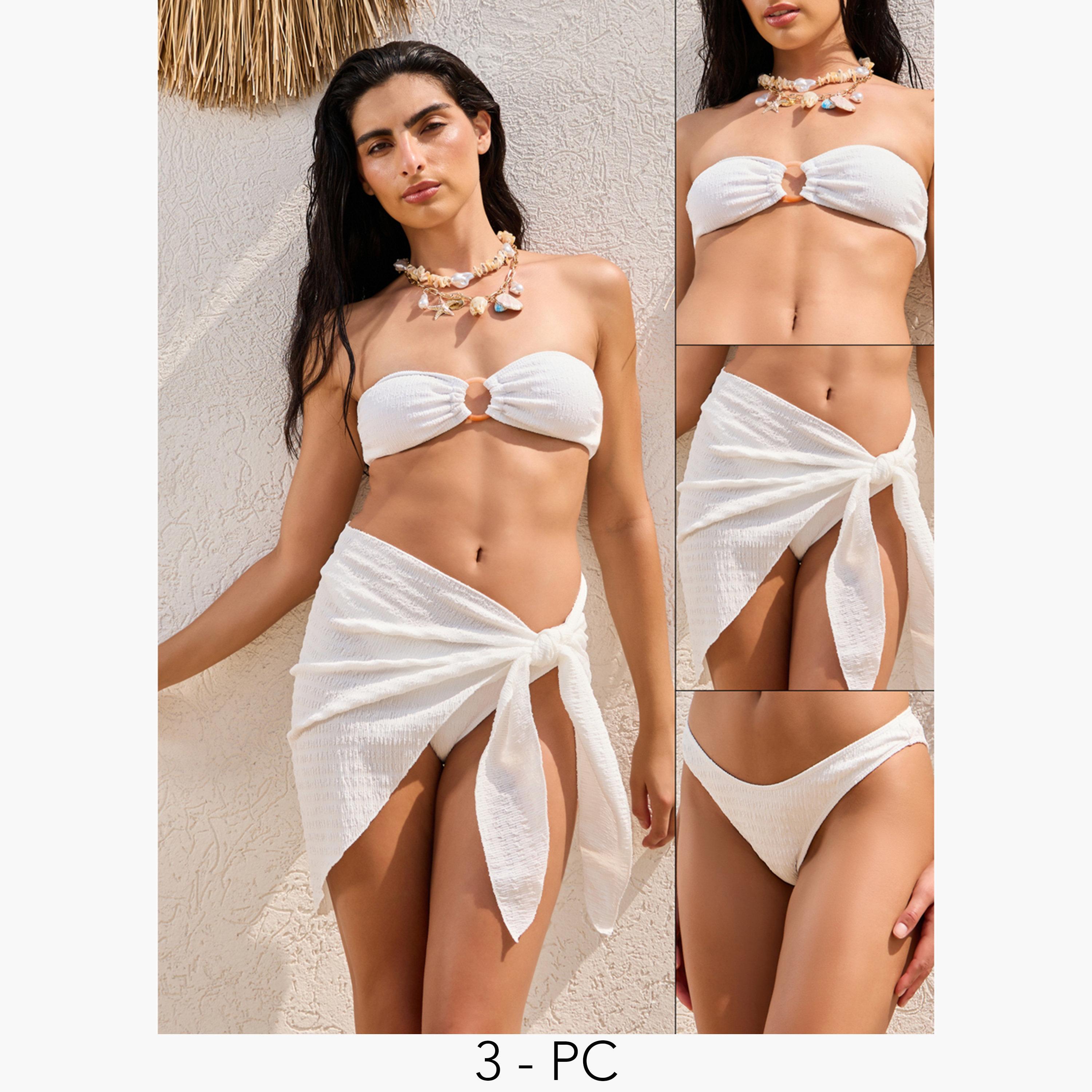 Styli Pack of 3 - Textured Padded Bandeau Bikini, Brief and Tie Wrap Sarong-women-clothing-swimandbeach-swim-swimsuits-image-1