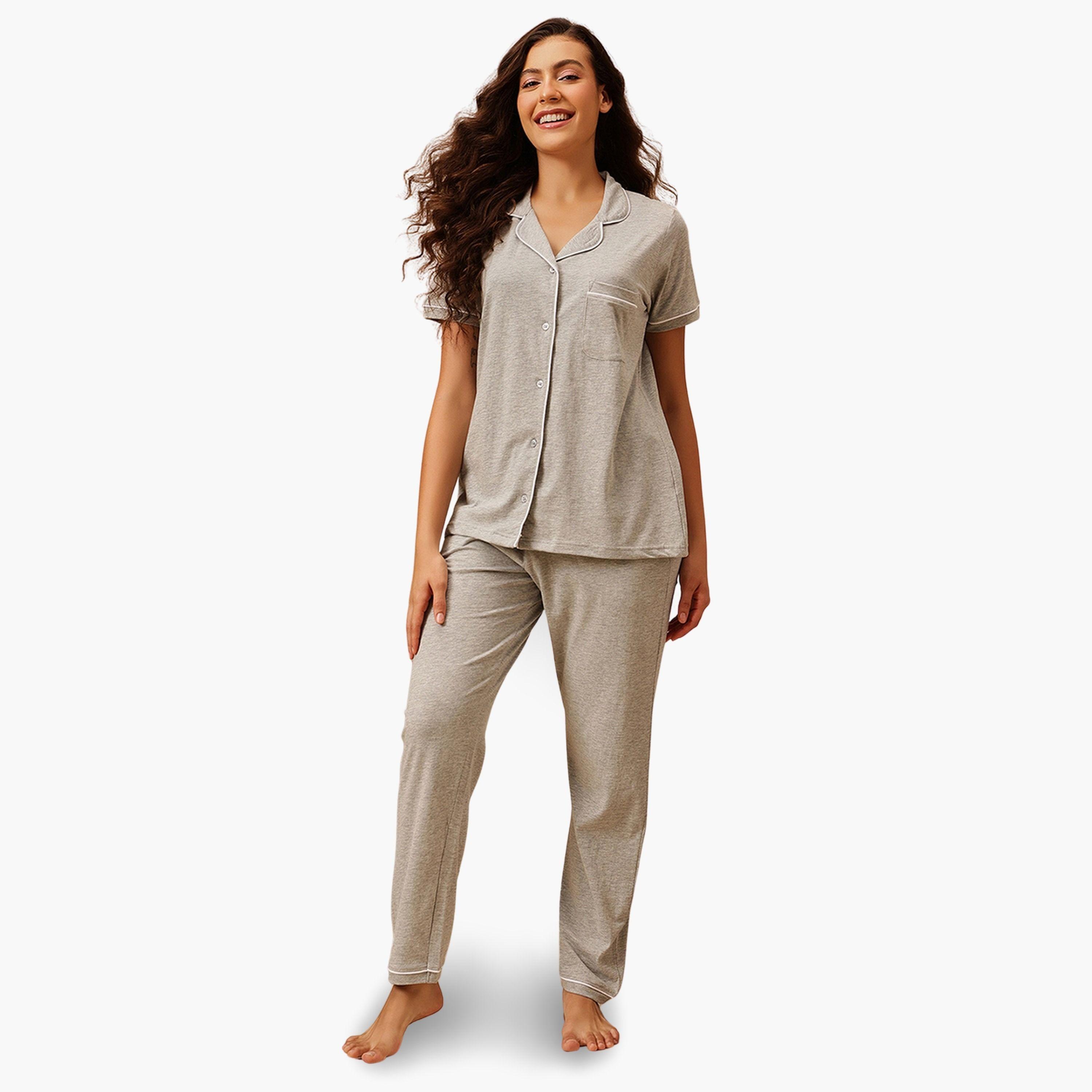 Clovia Grey Solid Cotton Shirt and Pyjama Set-women-clothing-nightwear-pyjamas-longsets-image-1