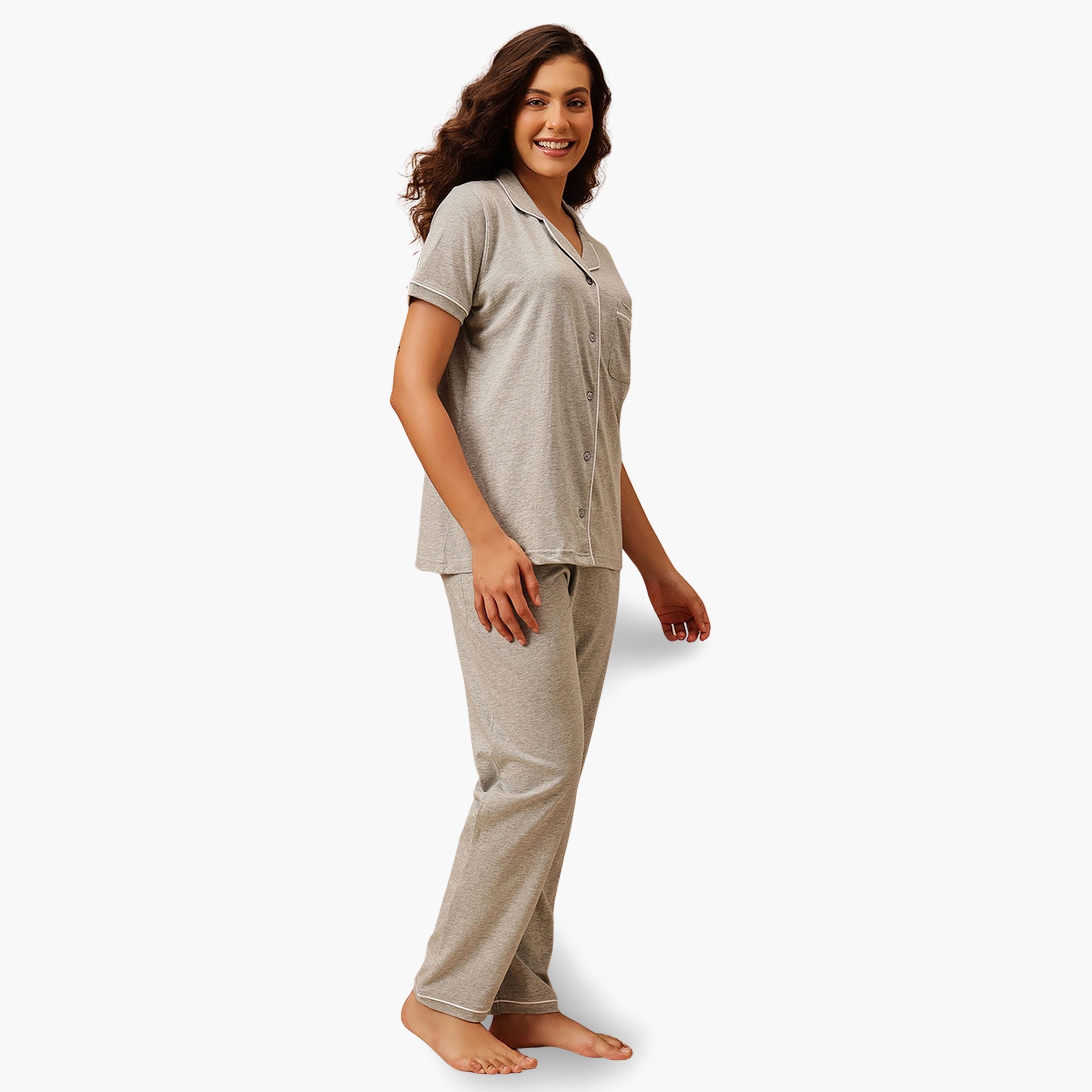Clovia Grey Solid Cotton Shirt and Pyjama Set-women-clothing-nightwear-pyjamas-longsets-image-3
