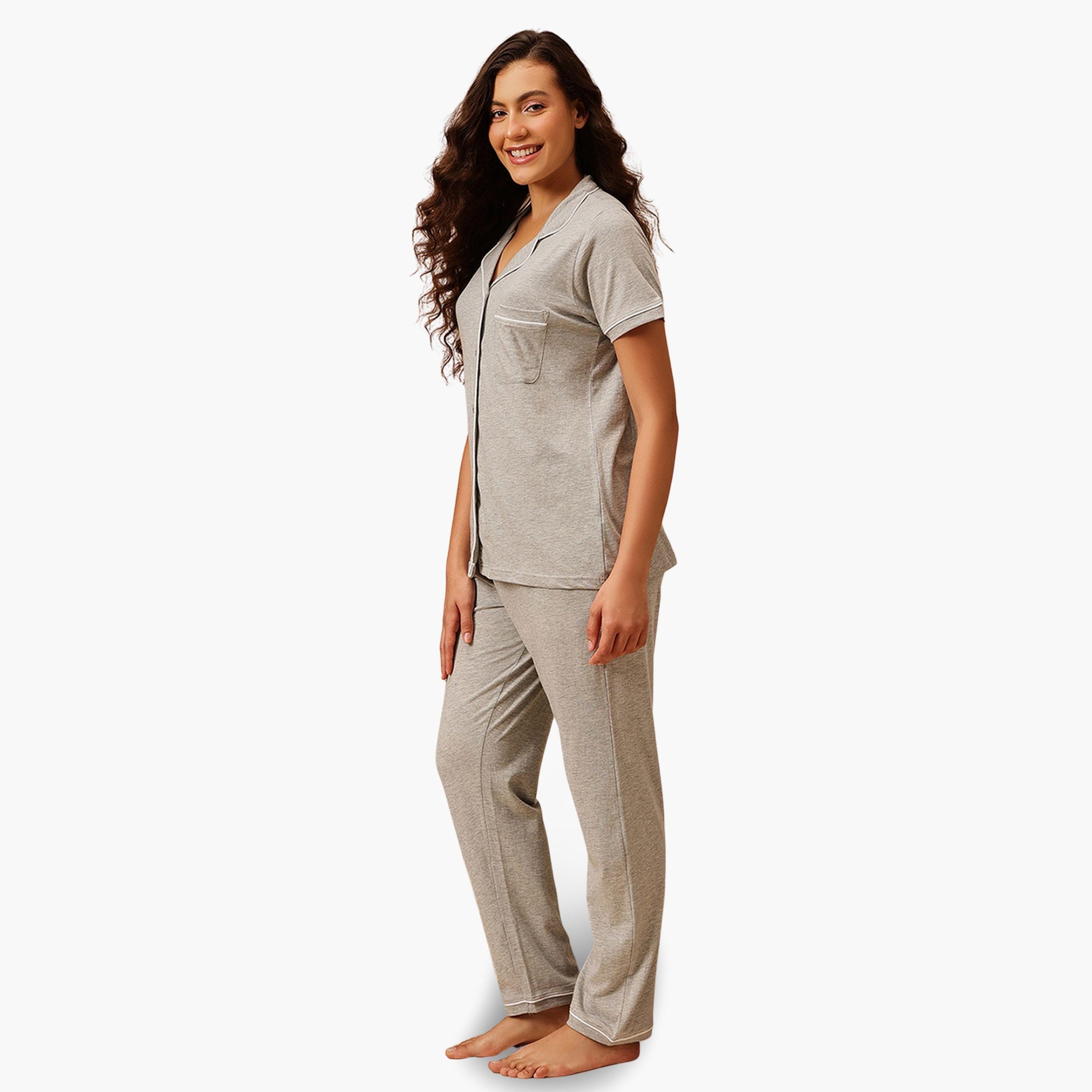 Clovia Grey Solid Cotton Shirt and Pyjama Set-women-clothing-nightwear-pyjamas-longsets-image-4