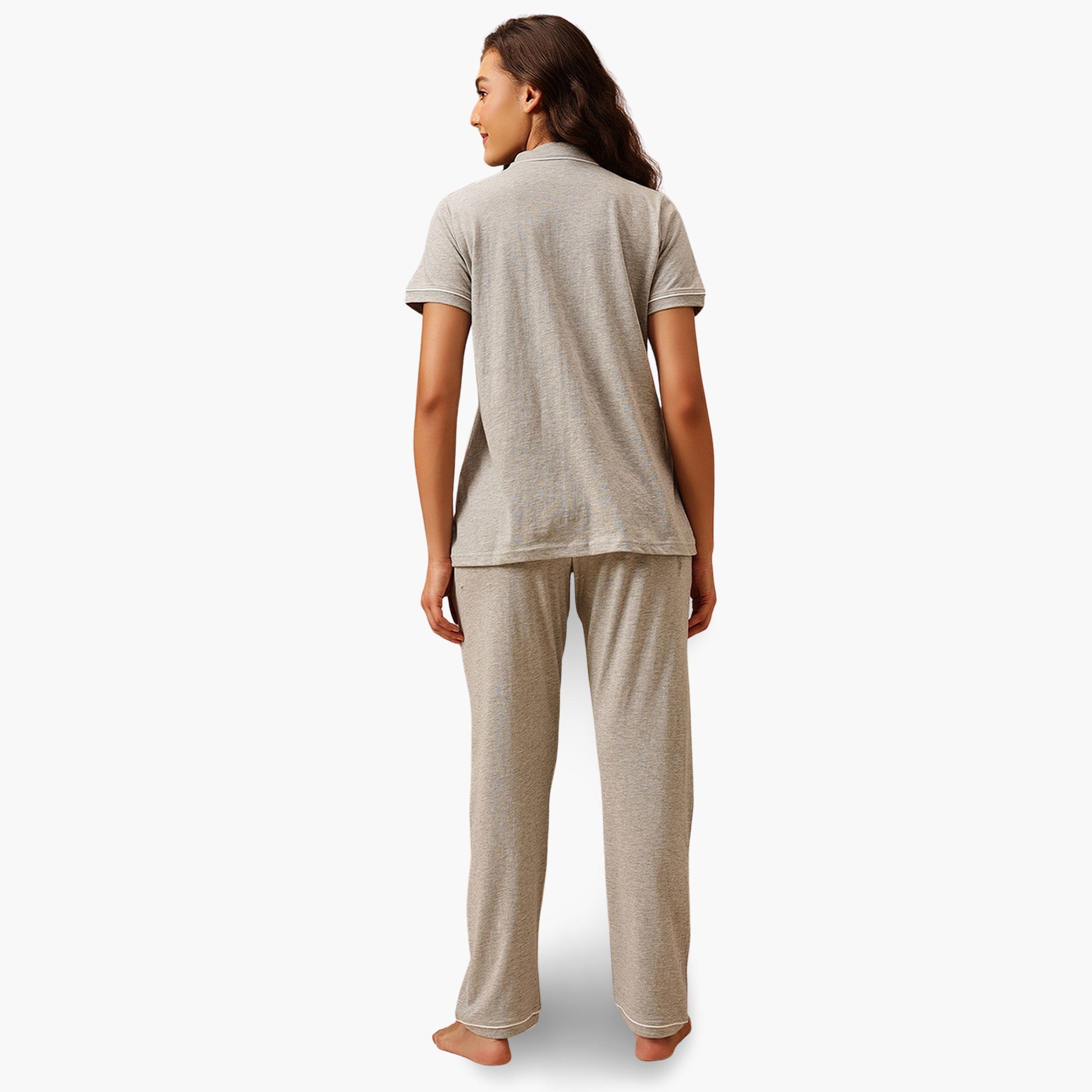 Clovia Grey Solid Cotton Shirt and Pyjama Set-women-clothing-nightwear-pyjamas-longsets-image-5