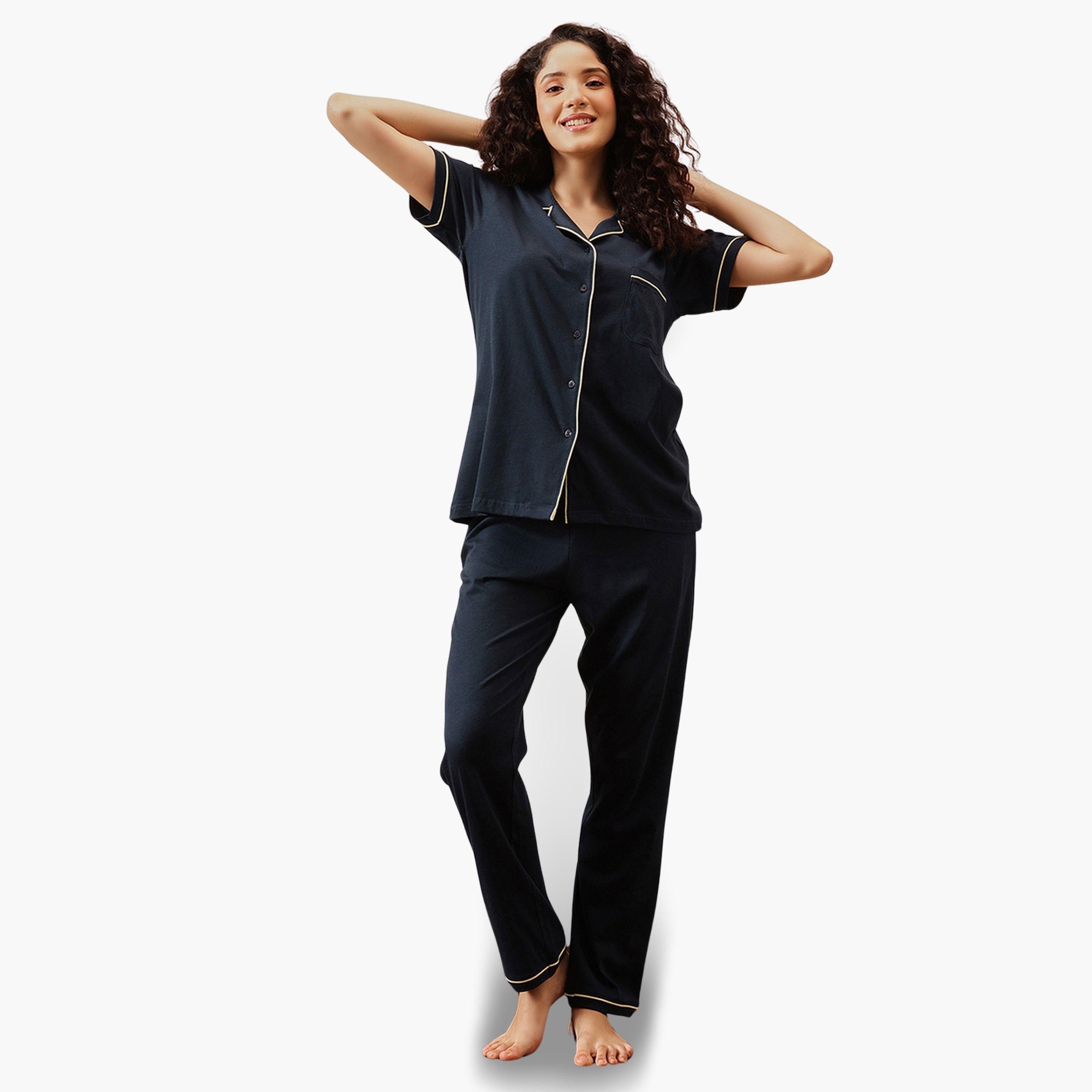 Clovia Navy Blue Solid Cotton Shirt and Pyjama Set-women-clothing-nightwear-pyjamas-longsets-image-1