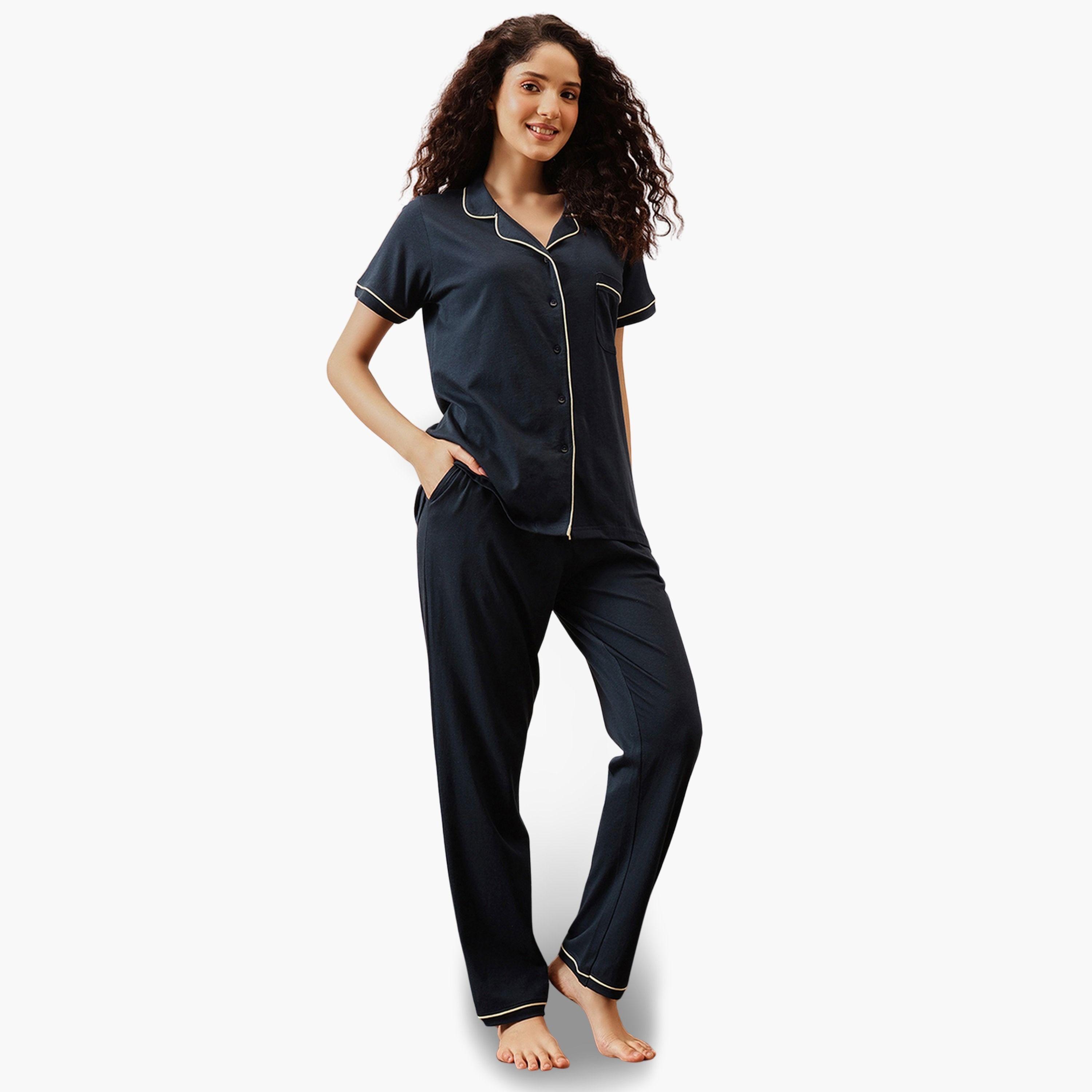 Clovia Navy Blue Solid Cotton Shirt and Pyjama Set-women-clothing-nightwear-pyjamas-longsets-image-2