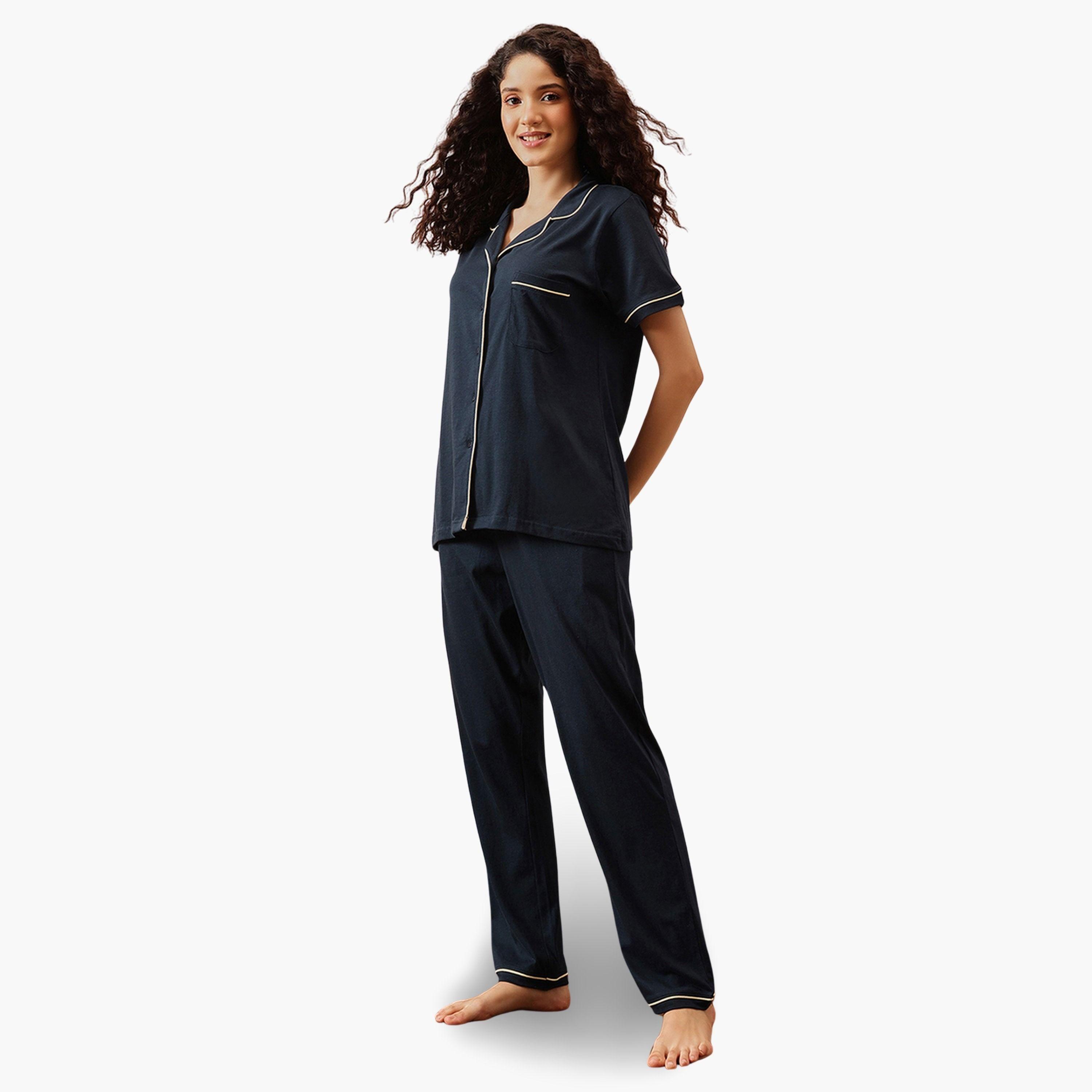 Clovia Navy Blue Solid Cotton Shirt and Pyjama Set-women-clothing-nightwear-pyjamas-longsets-image-3