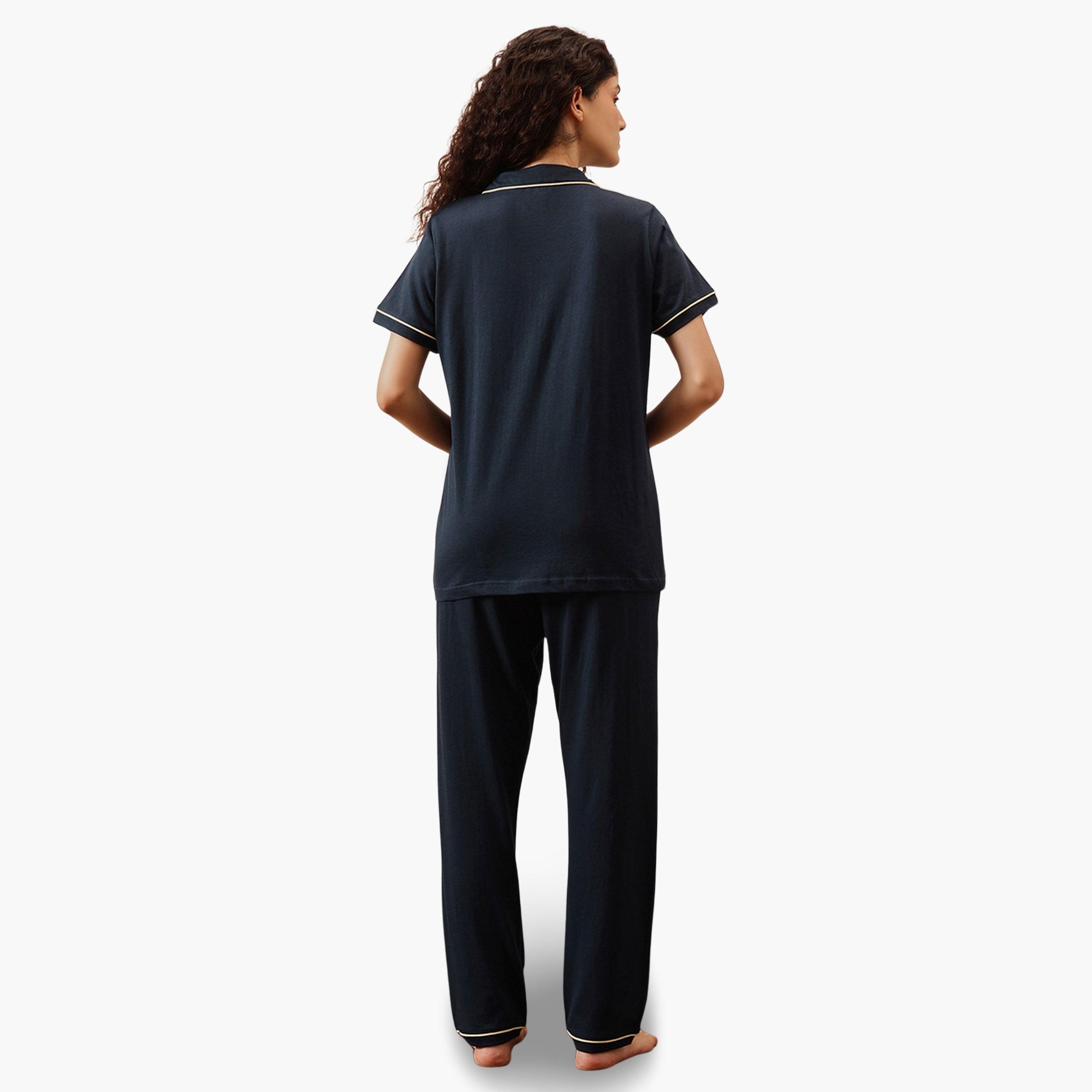 Clovia Navy Blue Solid Cotton Shirt and Pyjama Set-women-clothing-nightwear-pyjamas-longsets-image-5