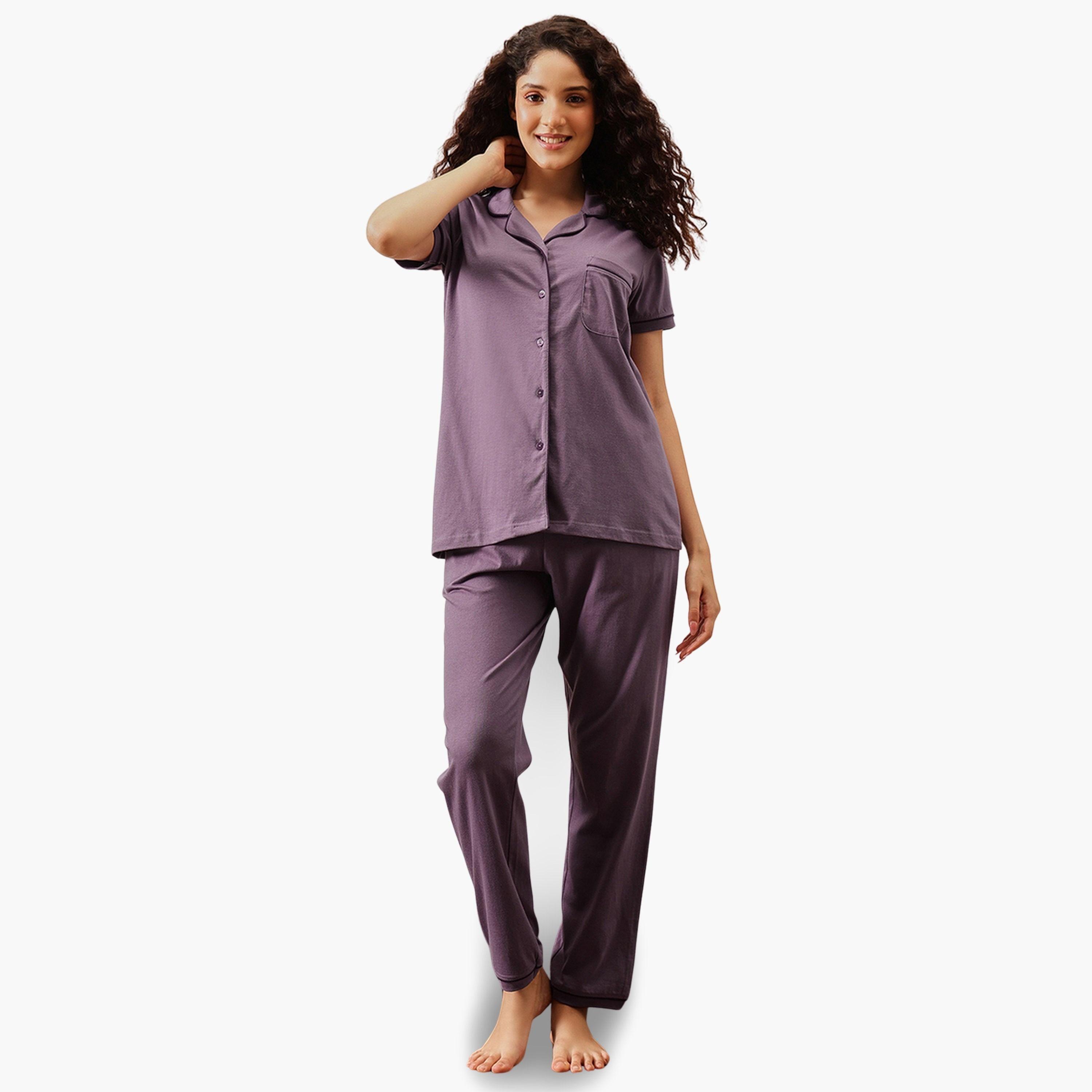 Clovia Purple Solid Cotton Shirt and Pyjama Set-women-clothing-nightwear-pyjamas-longsets-image-1
