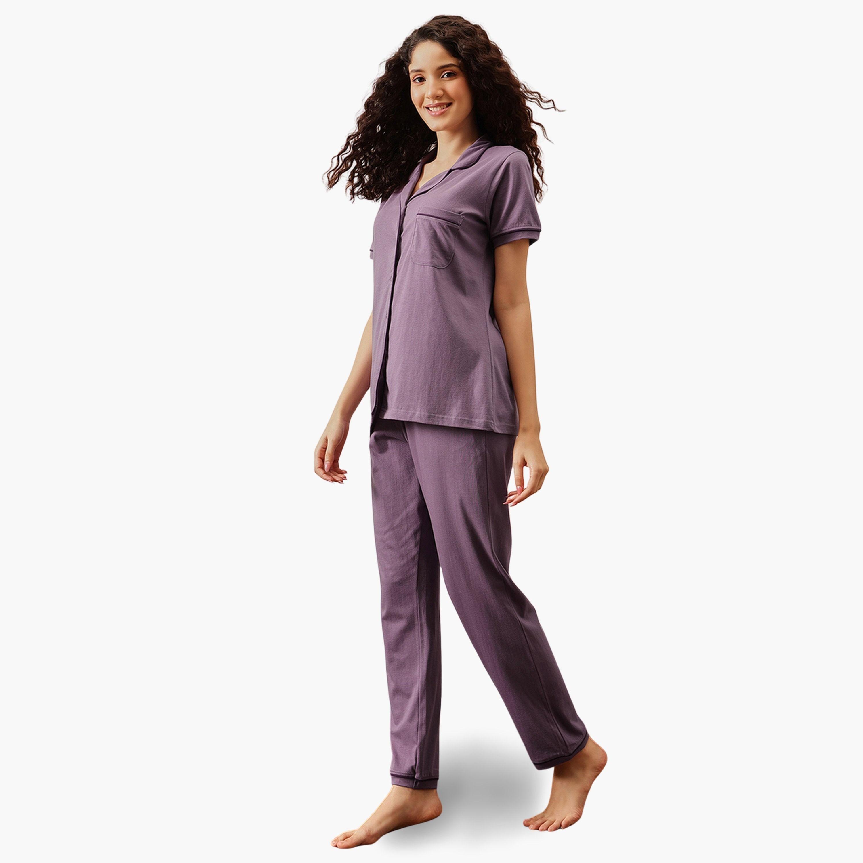 Clovia Purple Solid Cotton Shirt and Pyjama Set-women-clothing-nightwear-pyjamas-longsets-image-2