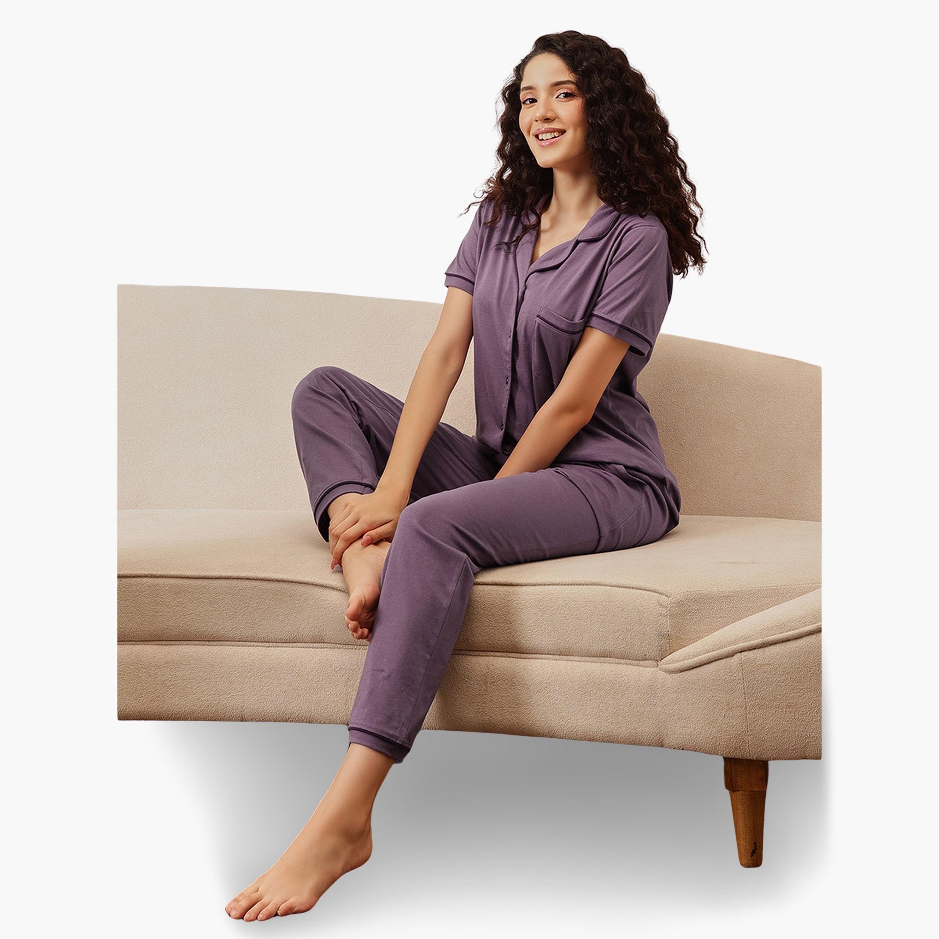 Clovia Purple Solid Cotton Shirt and Pyjama Set-women-clothing-nightwear-pyjamas-longsets-image-3