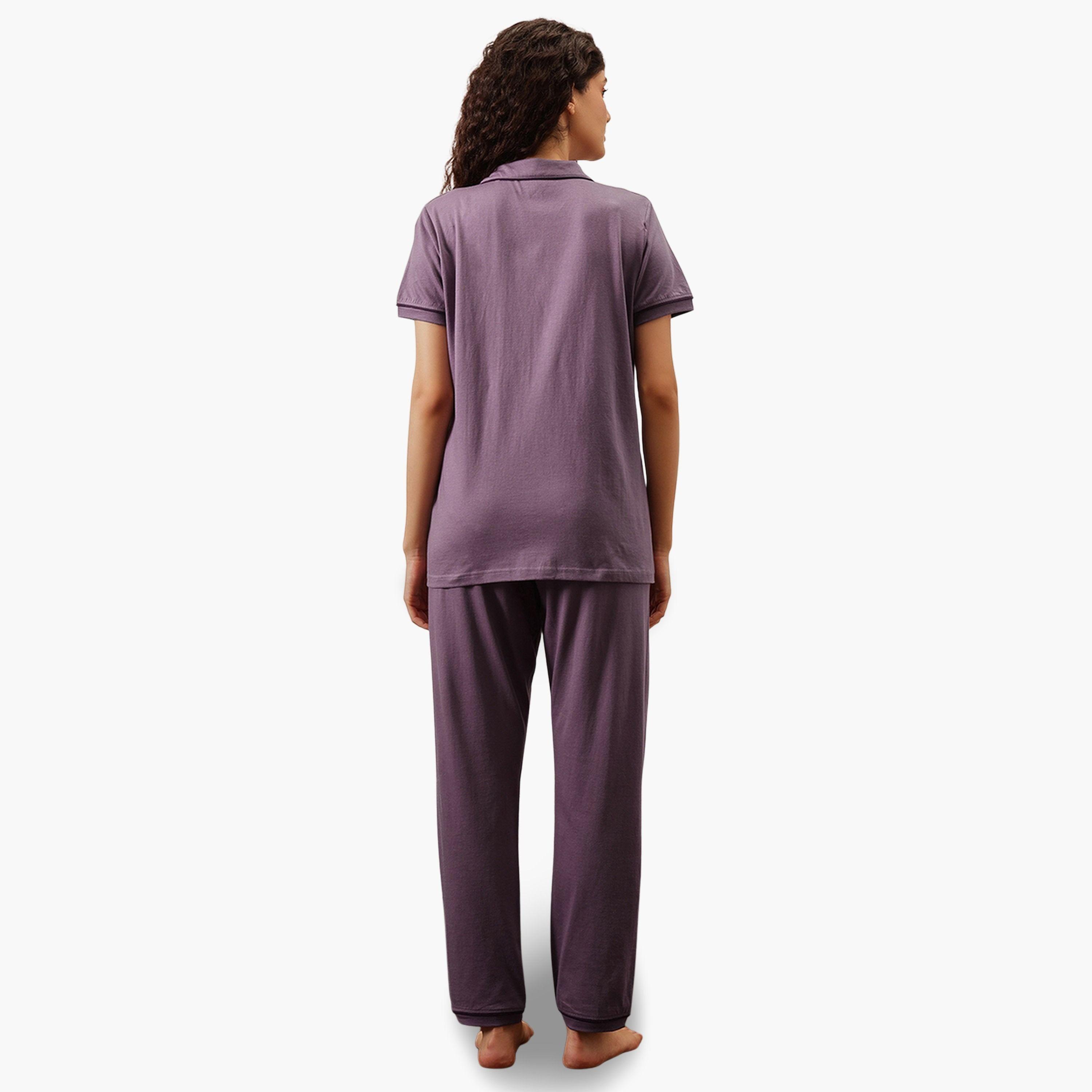 Clovia Purple Solid Cotton Shirt and Pyjama Set-women-clothing-nightwear-pyjamas-longsets-image-4