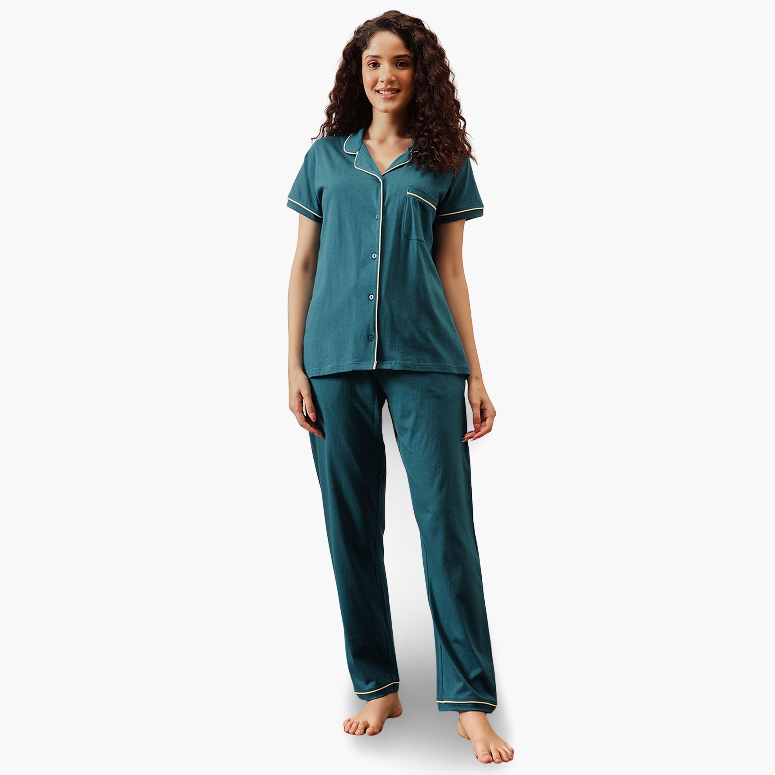 Clovia Green Solid Cotton Shirt and Pyjama Set-women-clothing-nightwear-pyjamas-longsets-image-1