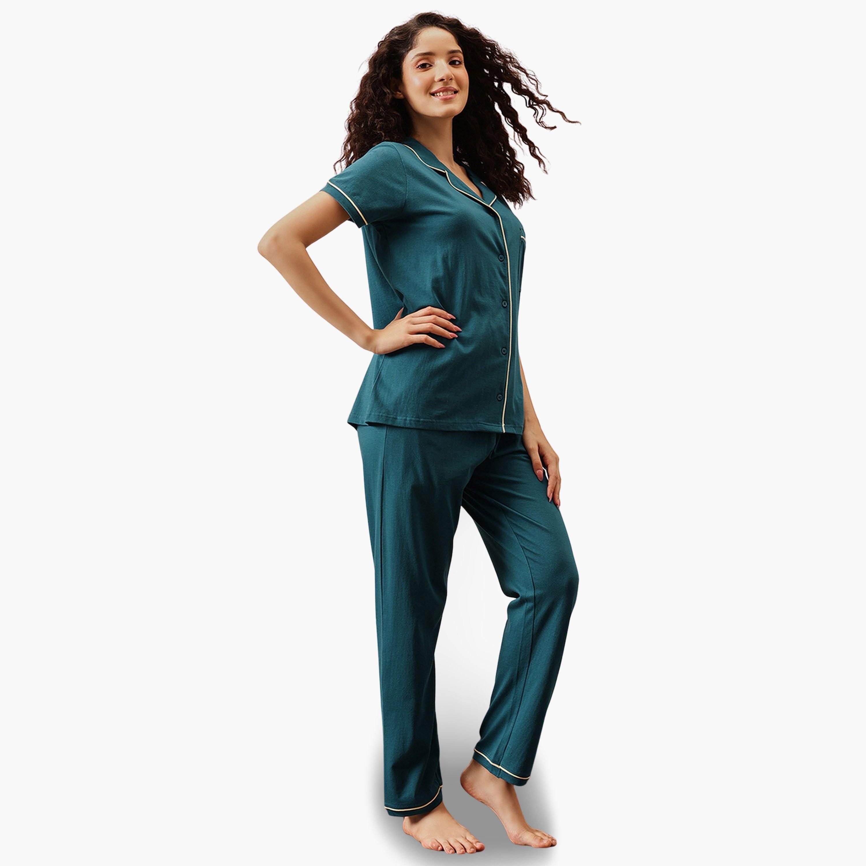 مجموعة من قميص قطن سادة وبيجاما-women-clothing-nightwear-pyjamas-longsets-image-2