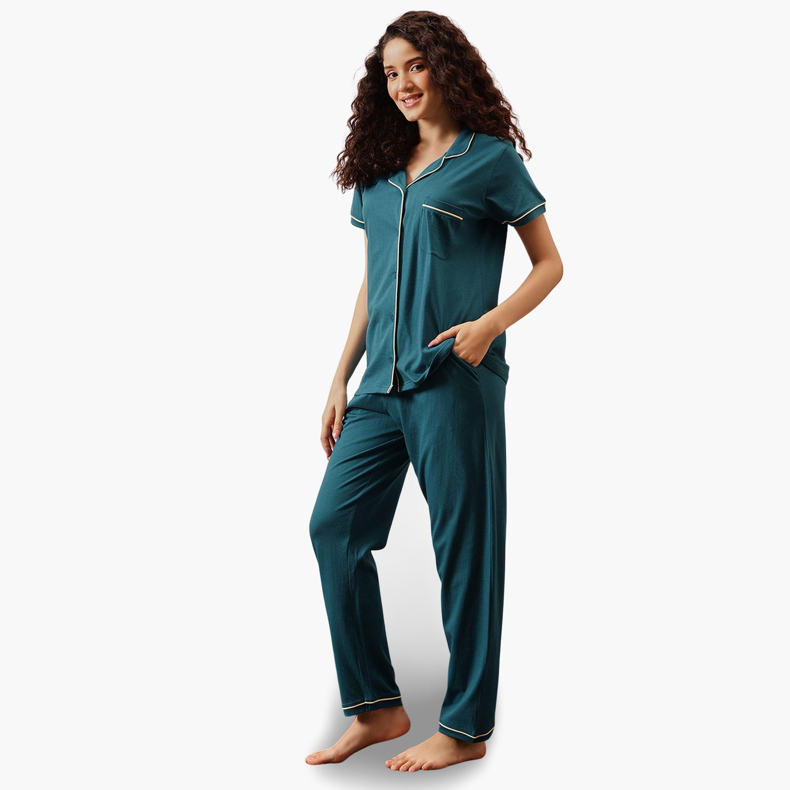 مجموعة من قميص قطن سادة وبيجاما-women-clothing-nightwear-pyjamas-longsets-image-3