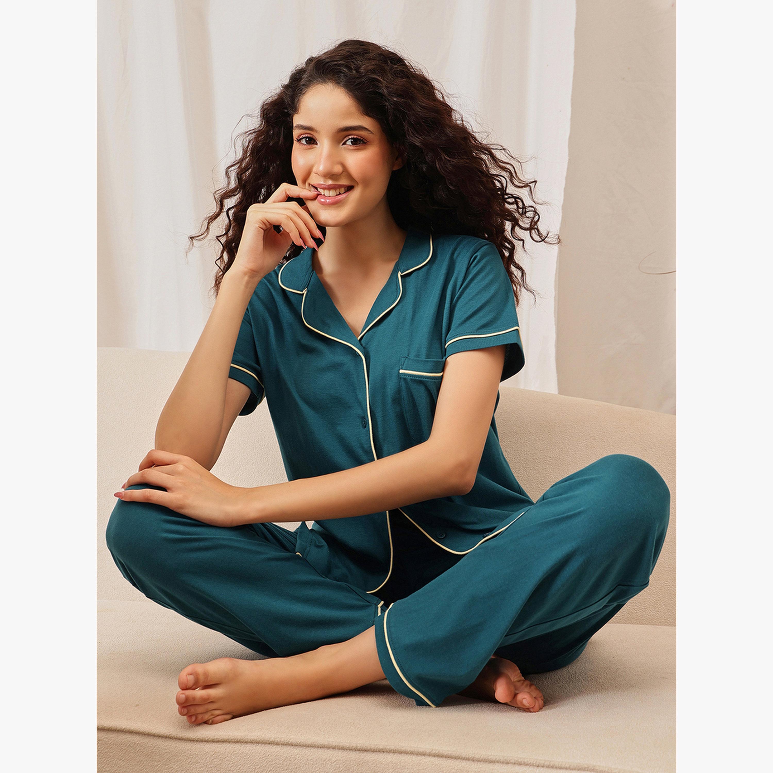 Clovia Green Solid Cotton Shirt and Pyjama Set-women-clothing-nightwear-pyjamas-longsets-image-4
