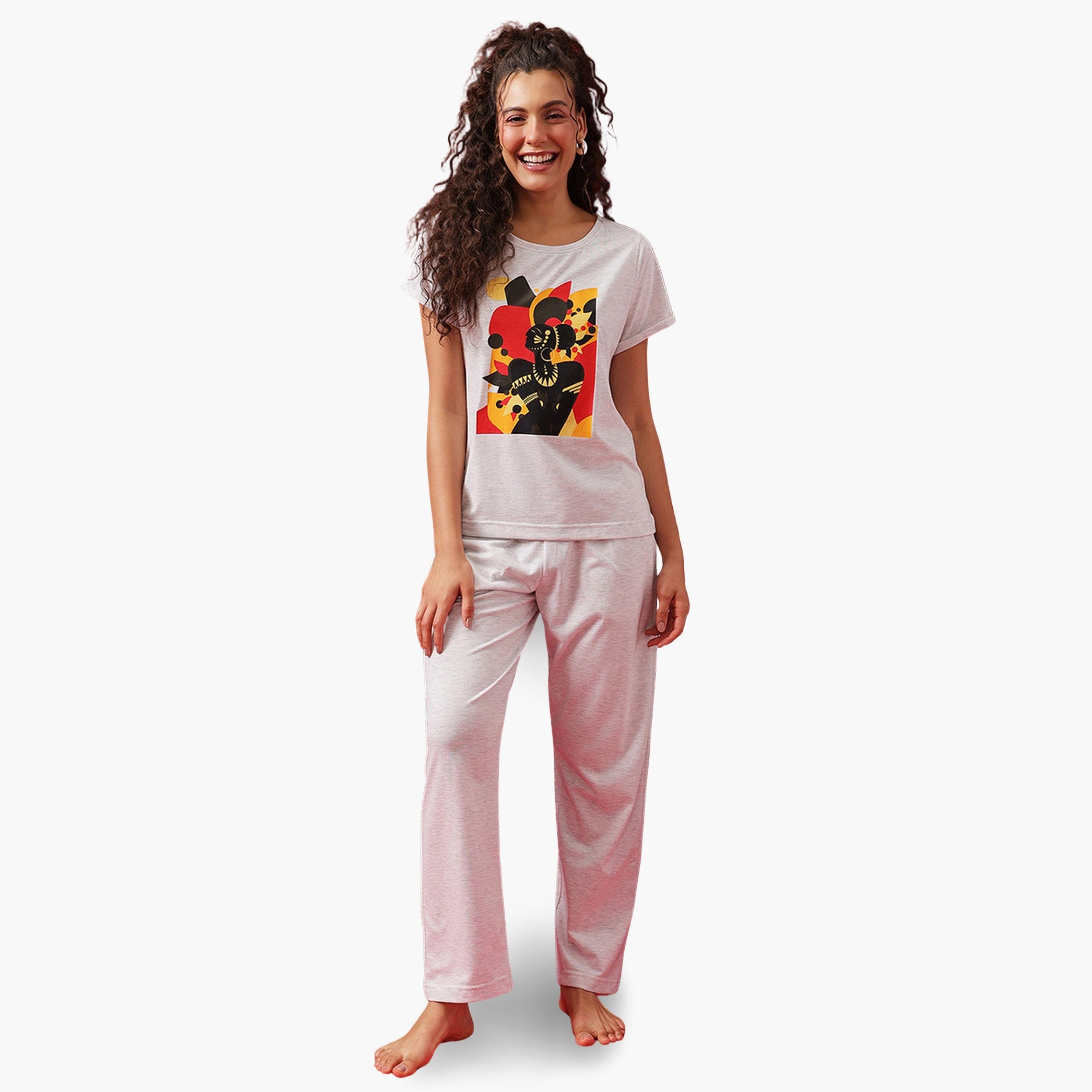 مجموعة من تيشيرت قطن بطبعة جرافيك وبيجاما-women-clothing-nightwear-pyjamas-longsets-image-1