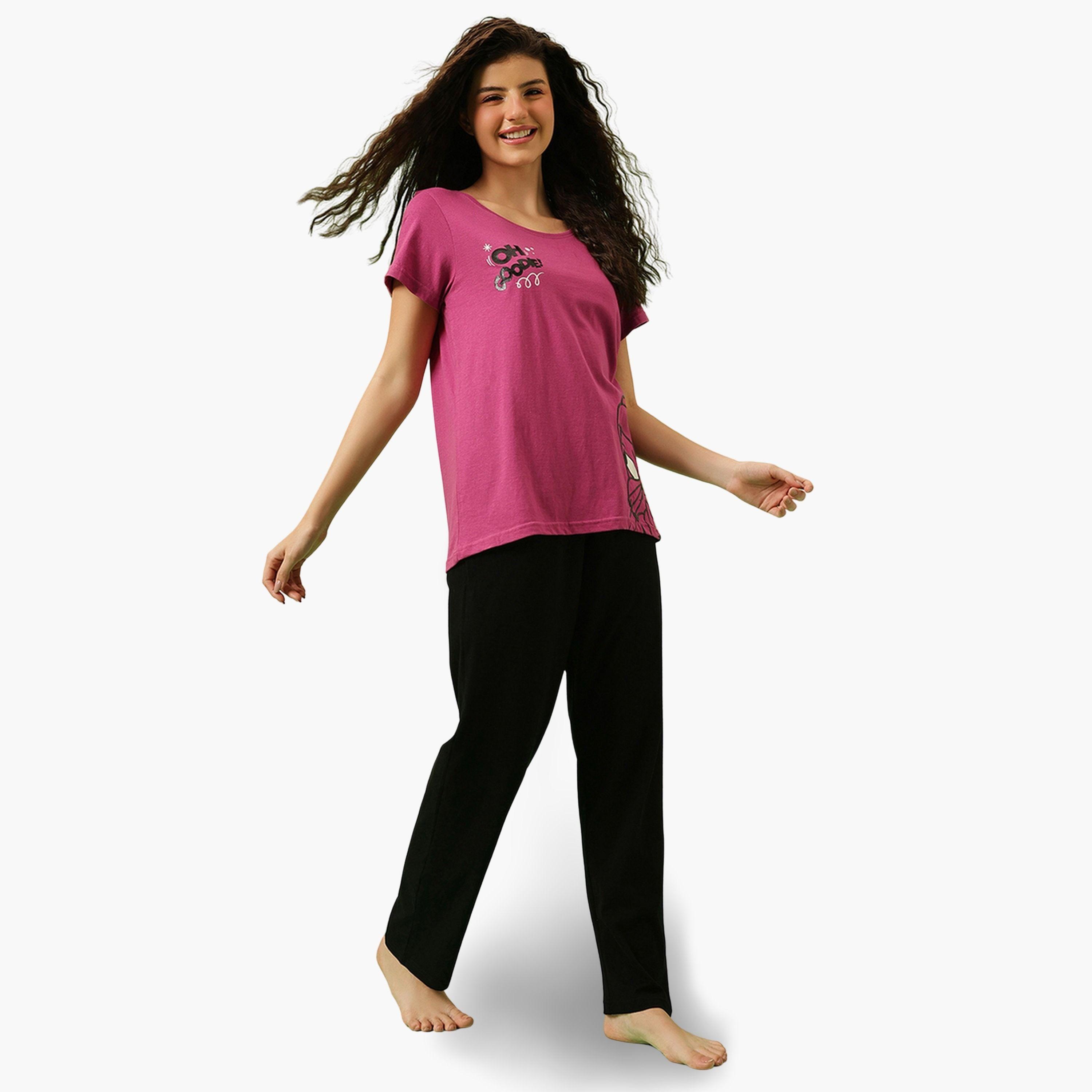 Clovia Pink Lola Bunny Print Cotton T-Shirt and Pyjama Set-women-clothing-nightwear-pyjamas-longsets-image-2