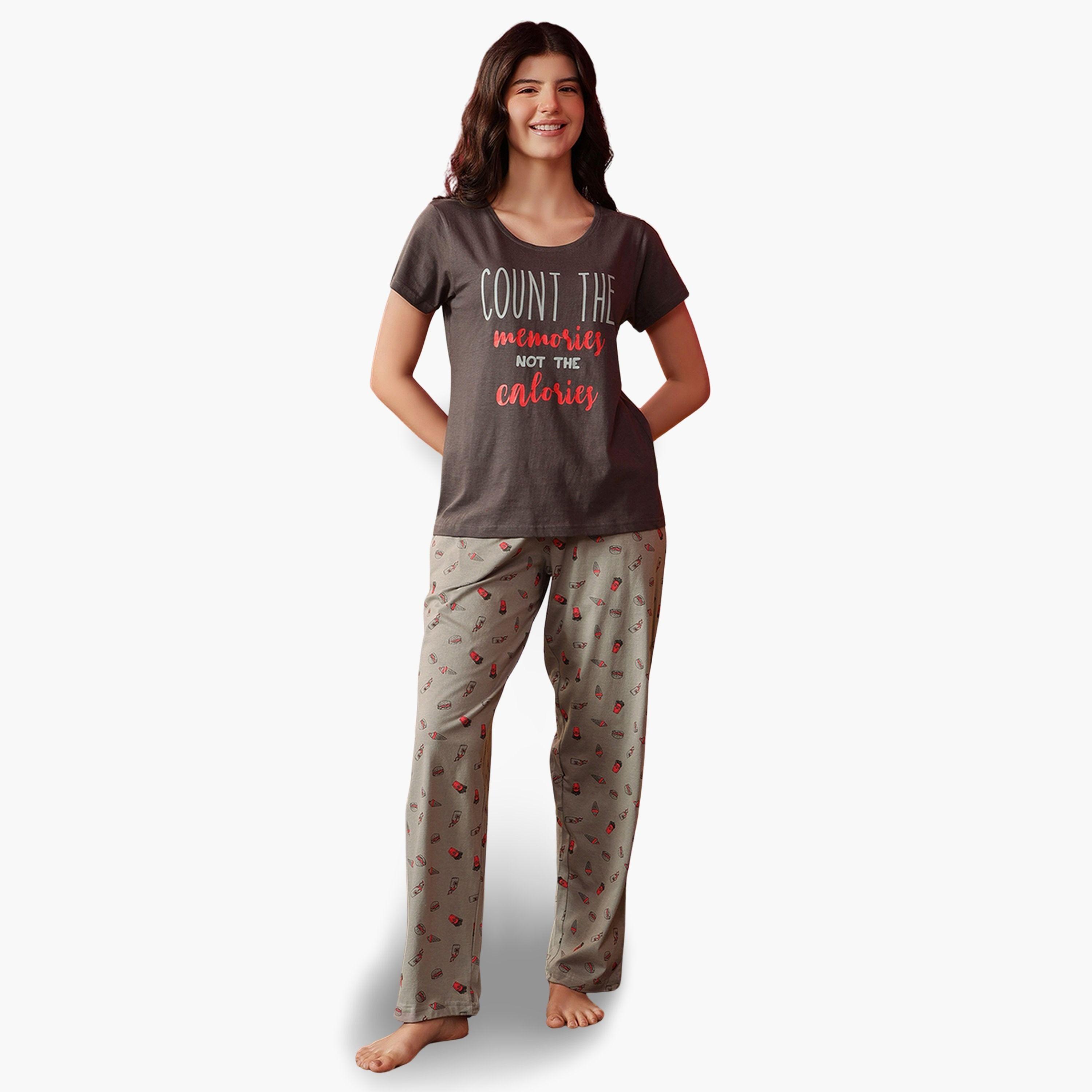Clovia Grey Text Print Cotton T-Shirt and Printed Pyjama Set-women-clothing-nightwear-pyjamas-longsets-image-1