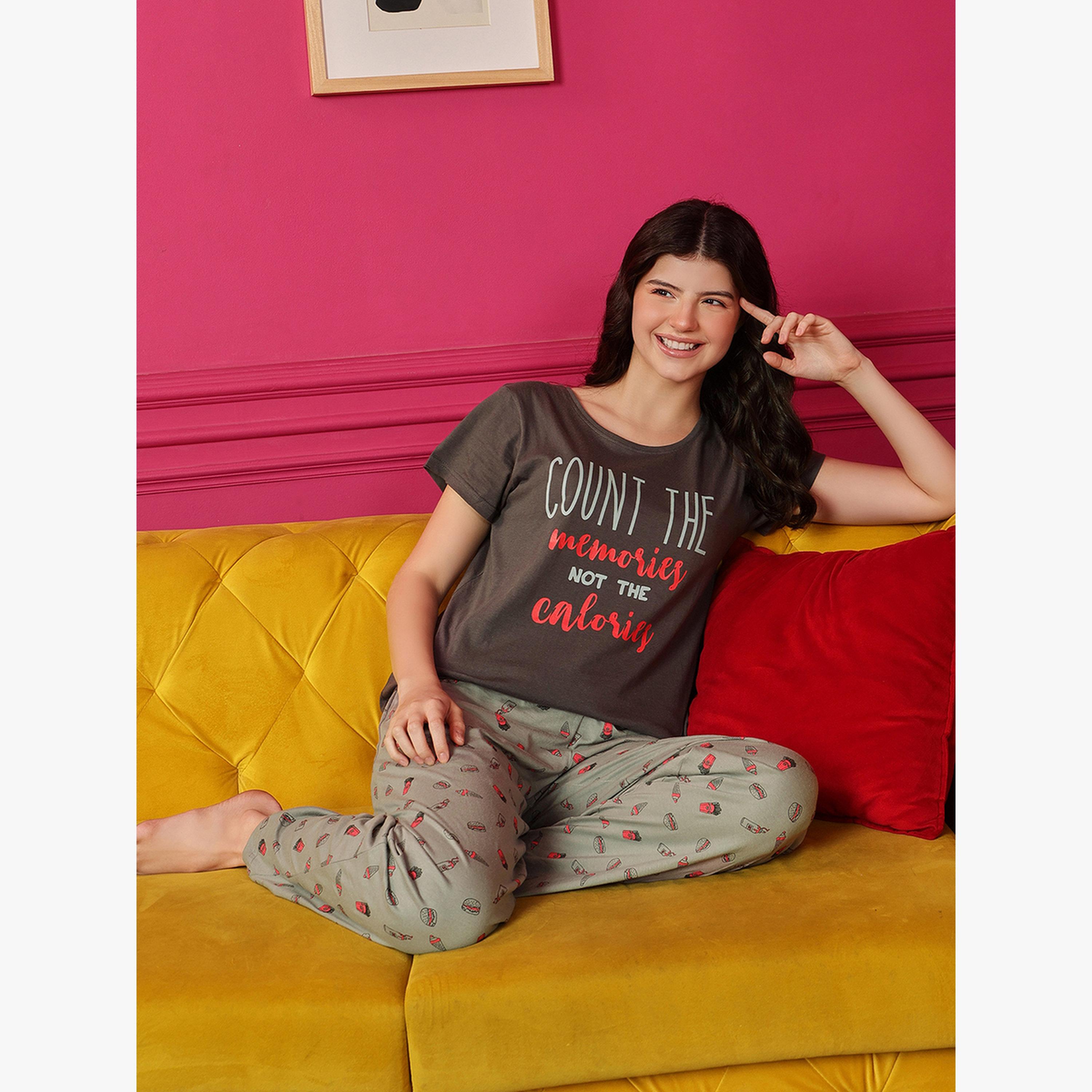 مجموعة من تيشيرت قطن بطبعة نص وبيجاما مطبوعة-women-clothing-nightwear-pyjamas-longsets-image-2