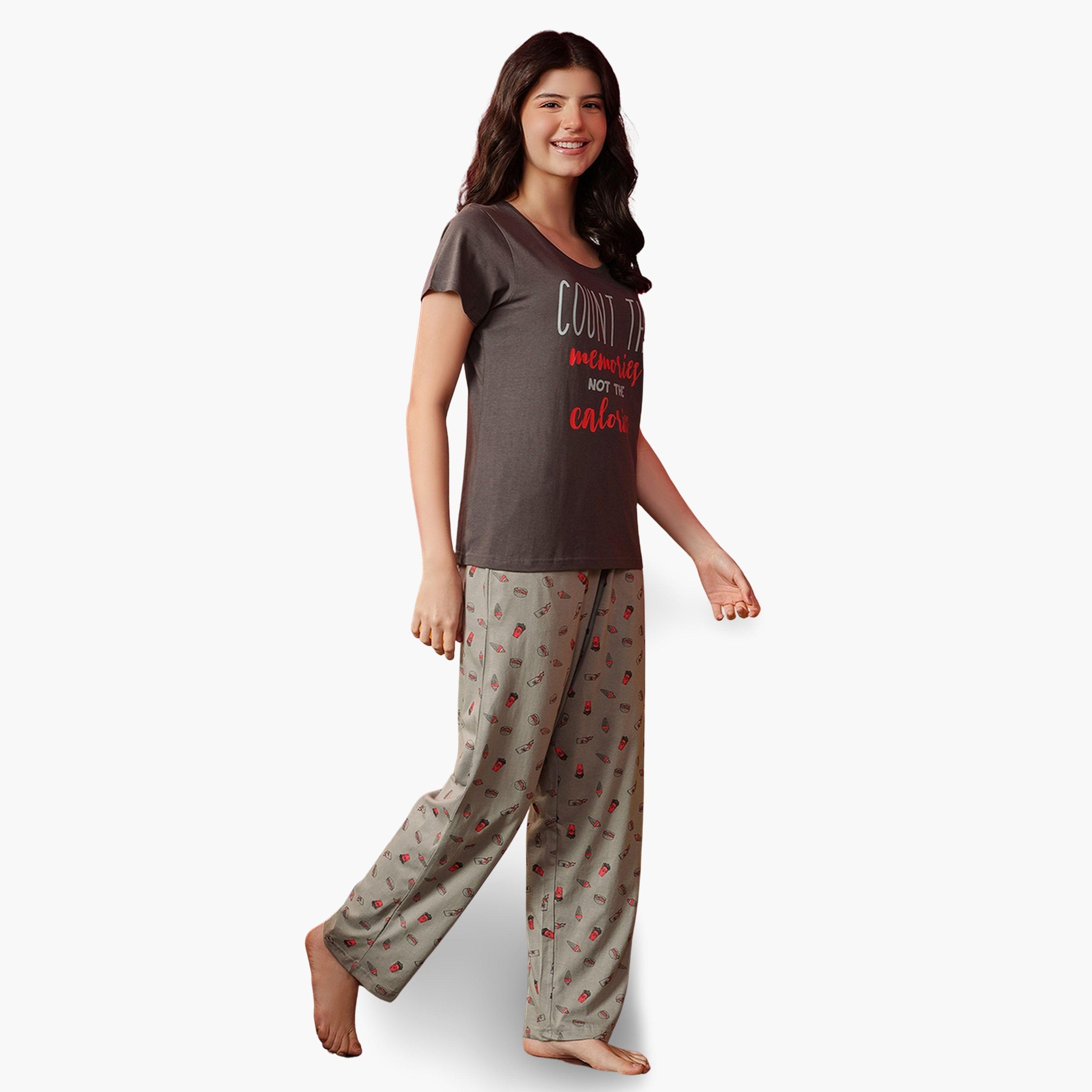 Clovia Grey Text Print Cotton T-Shirt and Printed Pyjama Set-women-clothing-nightwear-pyjamas-longsets-image-3