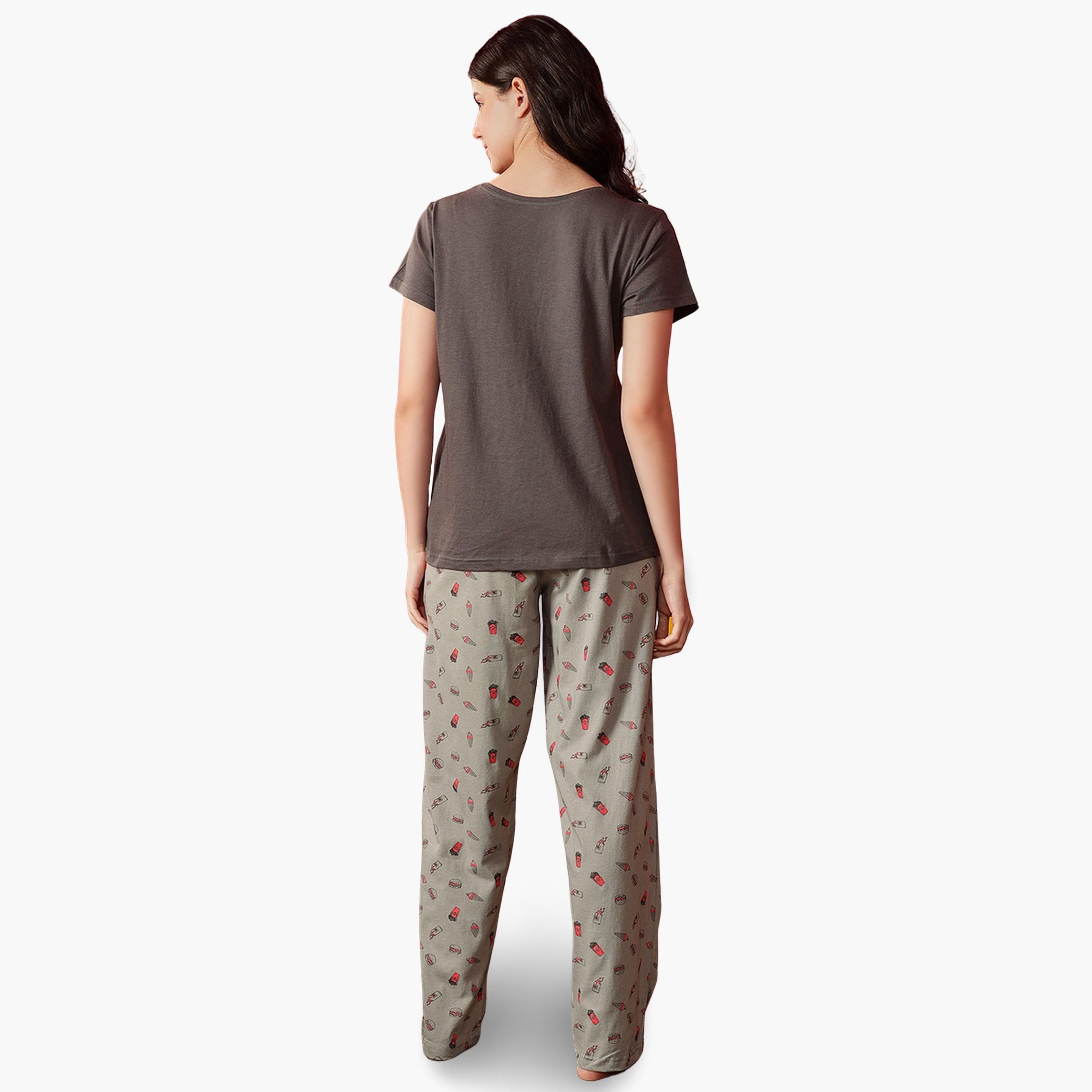 مجموعة من تيشيرت قطن بطبعة نص وبيجاما مطبوعة-women-clothing-nightwear-pyjamas-longsets-image-4