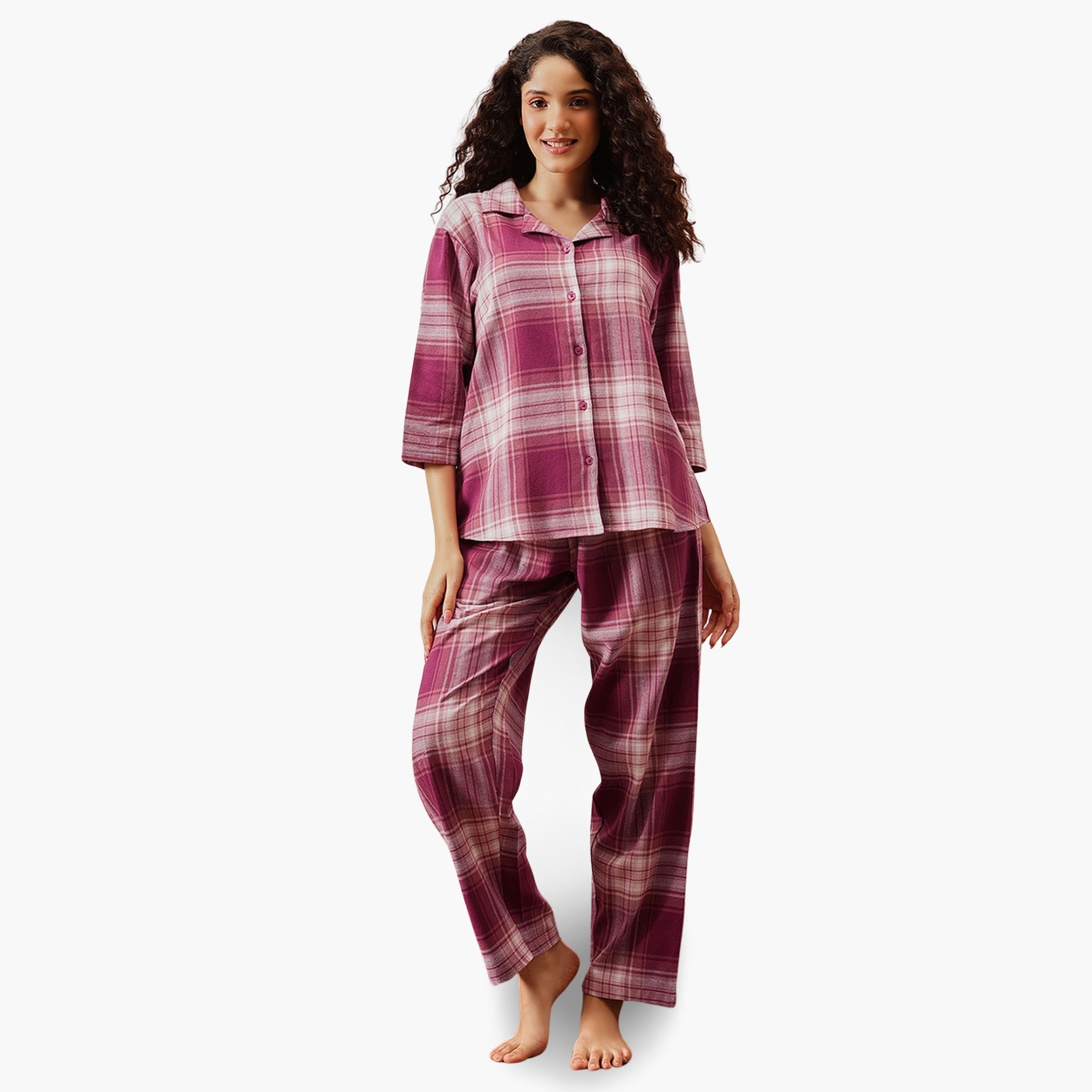 Clovia Purple Plaid Checkered Cotton Shirt and Pyjama Set-women-clothing-nightwear-pyjamas-longsets-image-1