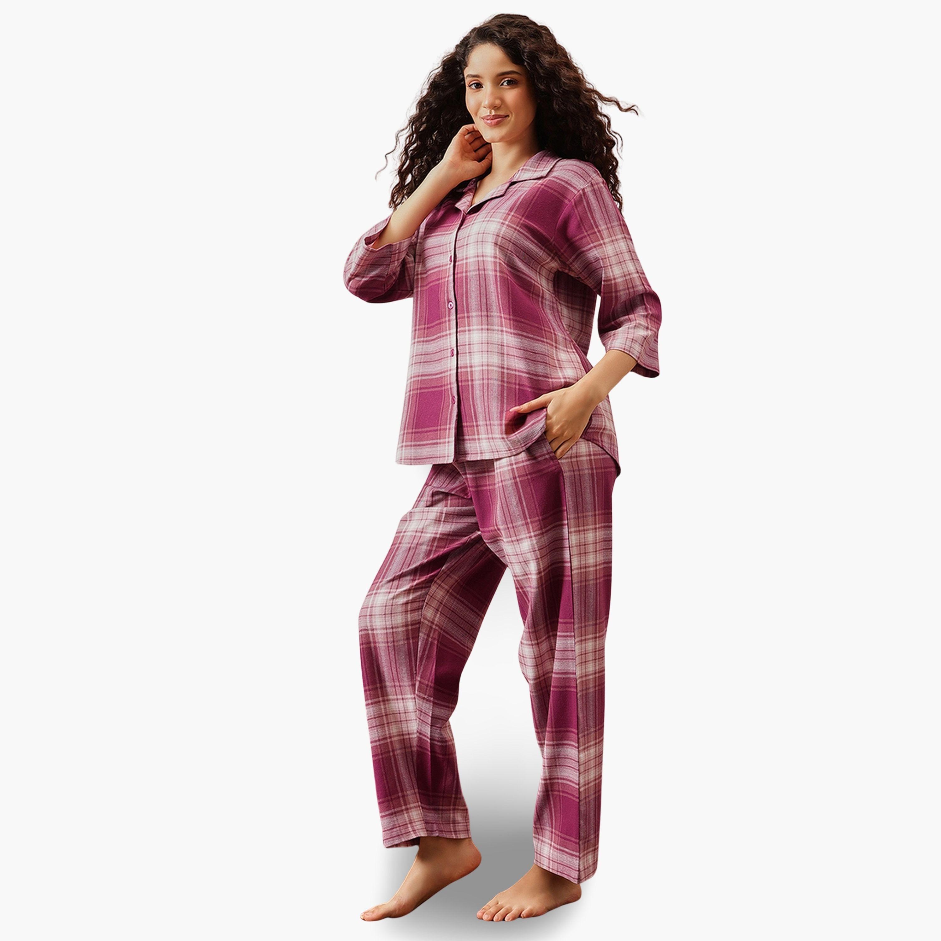 Clovia Purple Plaid Checkered Cotton Shirt and Pyjama Set-women-clothing-nightwear-pyjamas-longsets-image-3