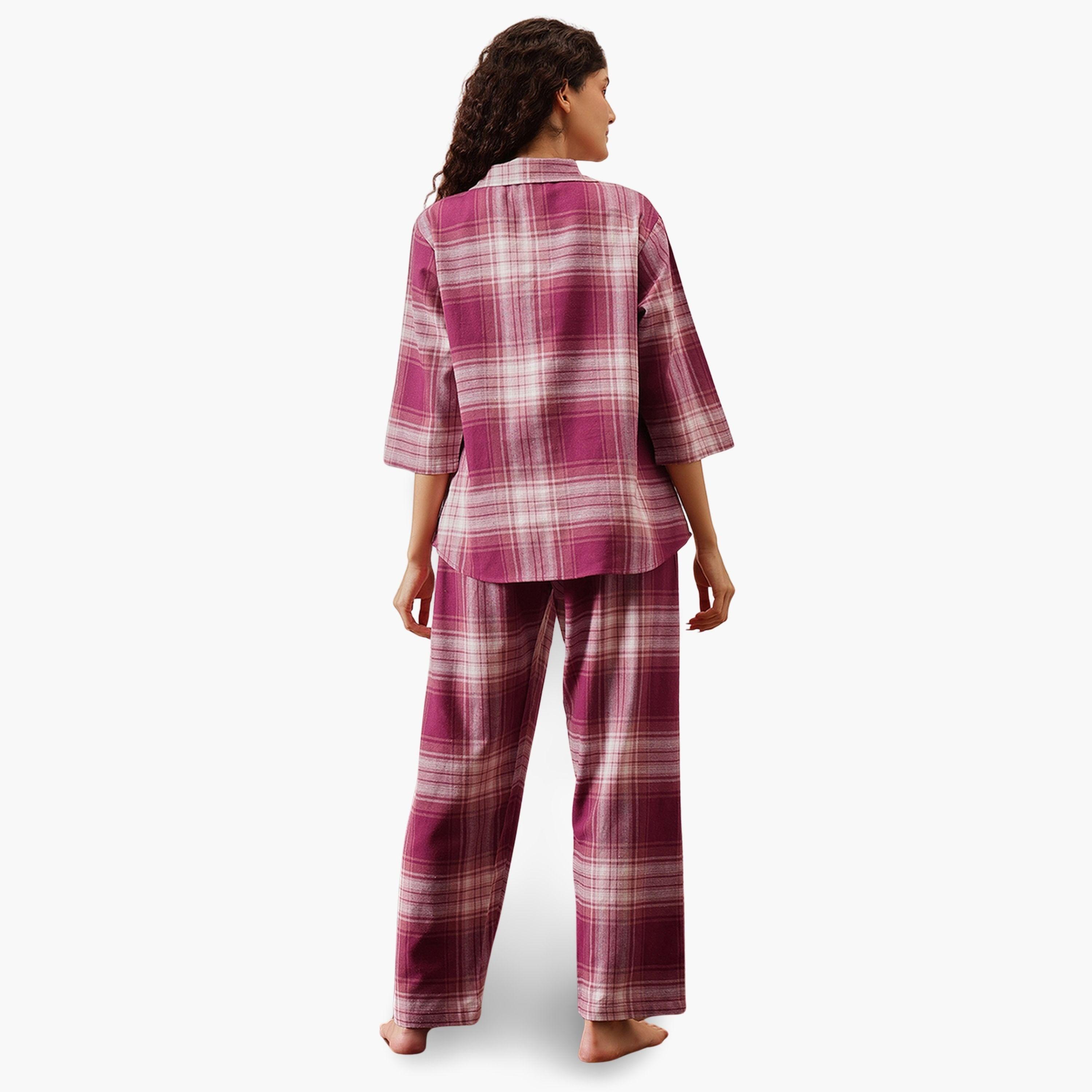 Clovia Purple Plaid Checkered Cotton Shirt and Pyjama Set-women-clothing-nightwear-pyjamas-longsets-image-4