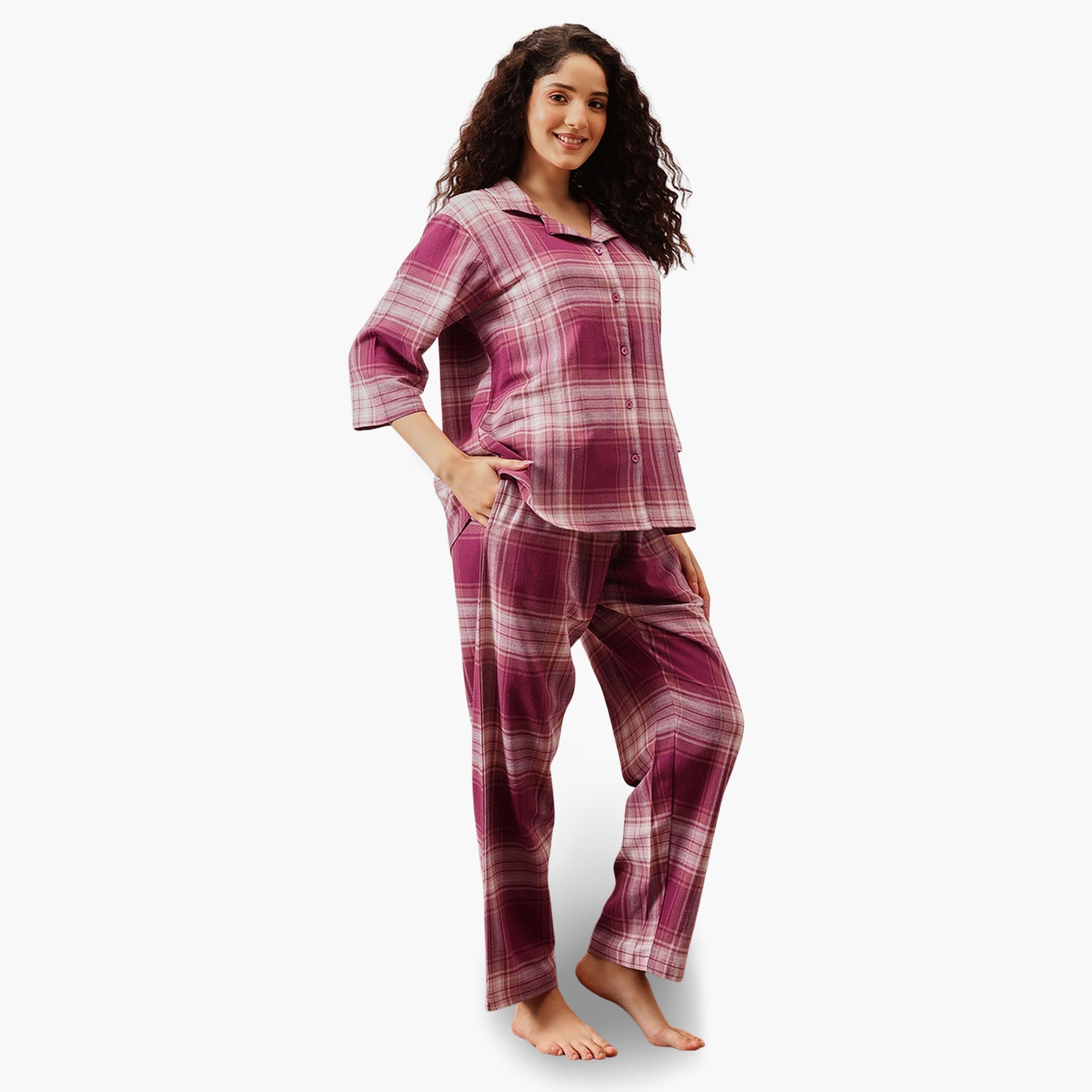 Clovia Purple Plaid Checkered Cotton Shirt and Pyjama Set-women-clothing-nightwear-pyjamas-longsets-image-5