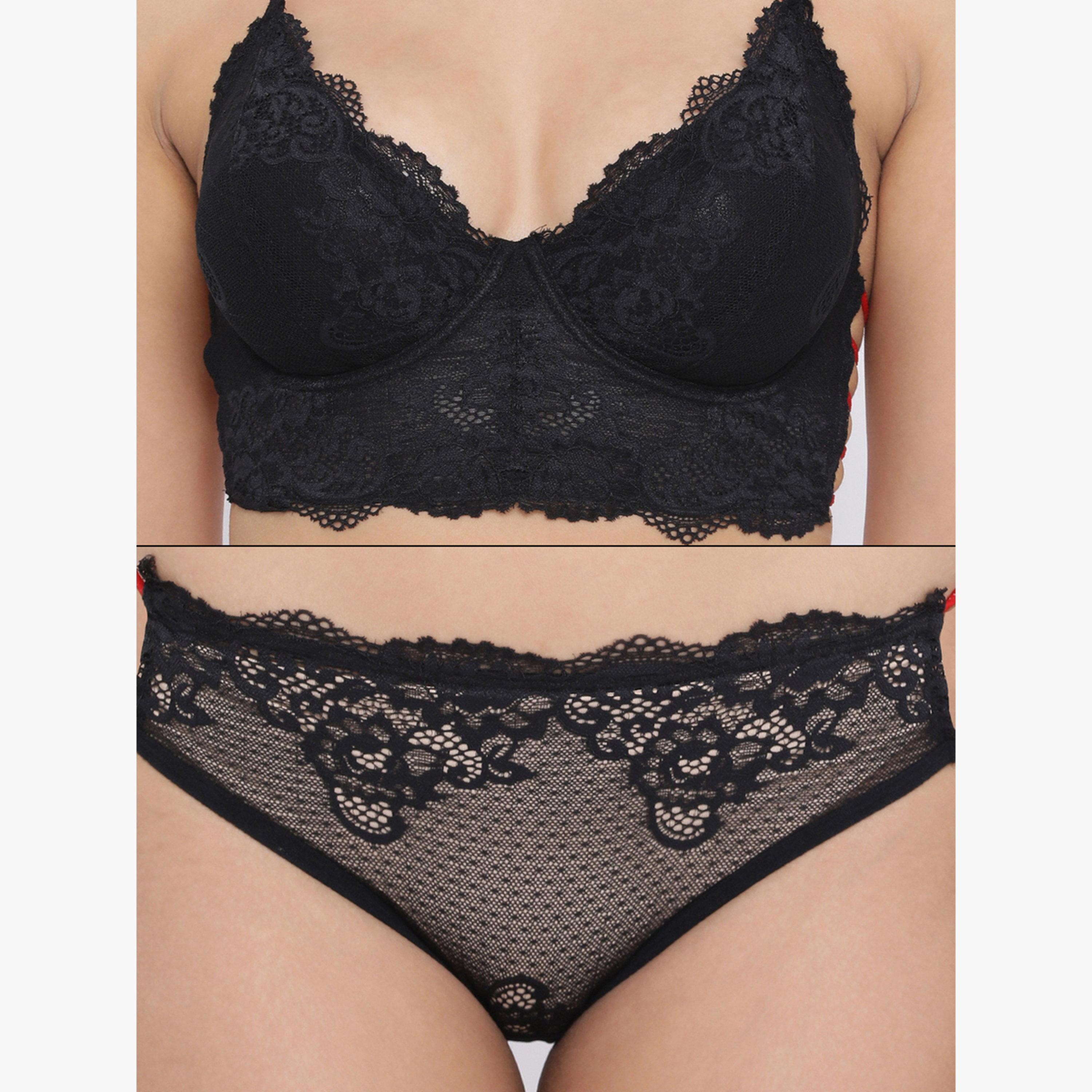 Clovia Black Non-Padded Underwired Halter Neck Bridal Bra with Bikini-women-clothing-lingerie-lingeriesets-image-5