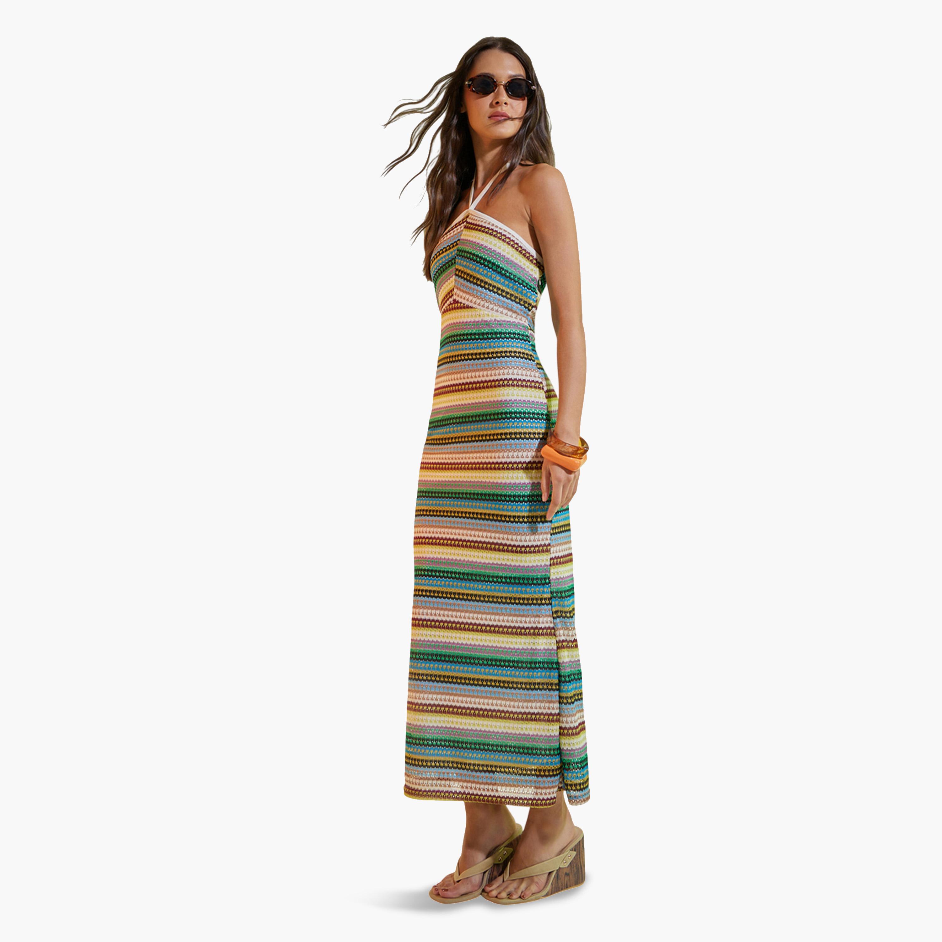 فستان طويل بياقة هولتر وتصميم محبوك ومخطط متعدد الألوان-women-clothing-dresses-image-1