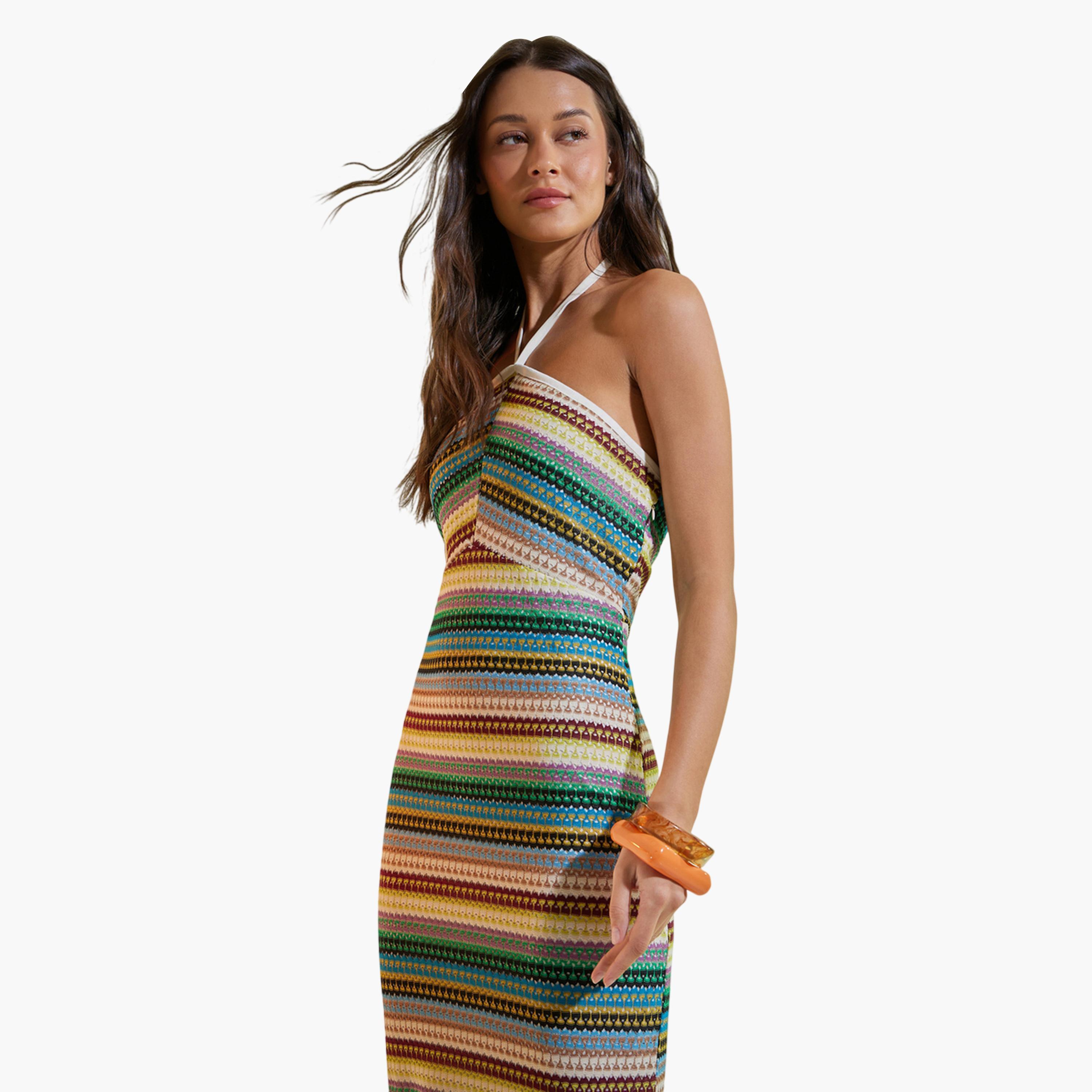 فستان طويل بياقة هولتر وتصميم محبوك ومخطط متعدد الألوان-women-clothing-dresses-image-2
