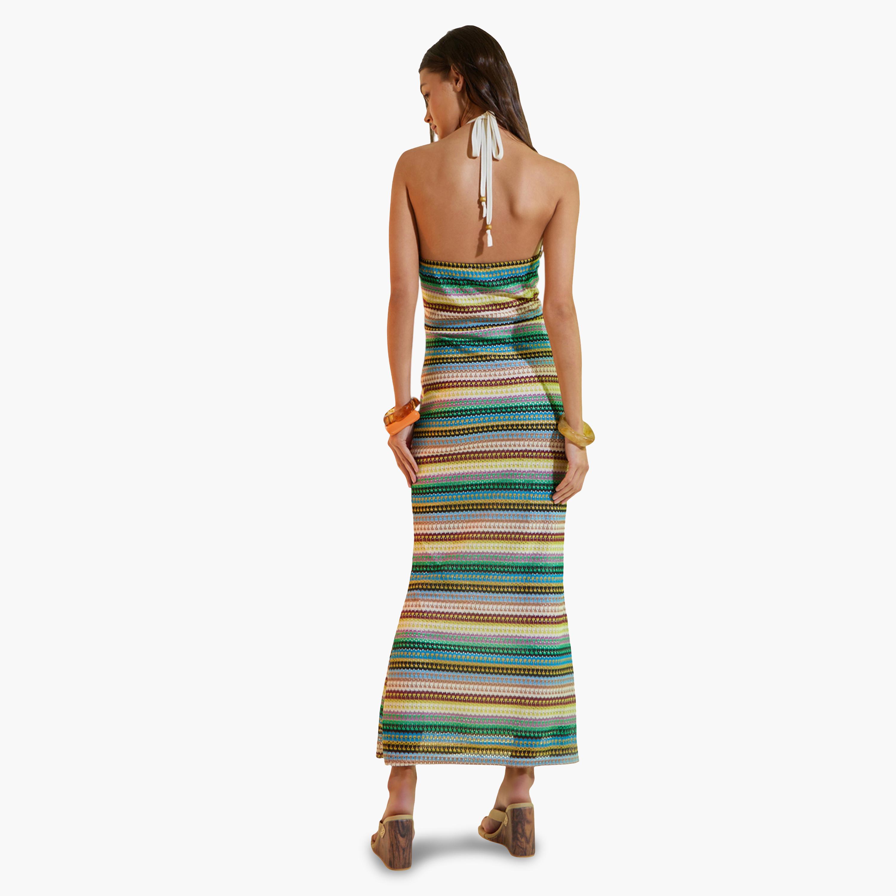فستان طويل بياقة هولتر وتصميم محبوك ومخطط متعدد الألوان-women-clothing-dresses-image-4