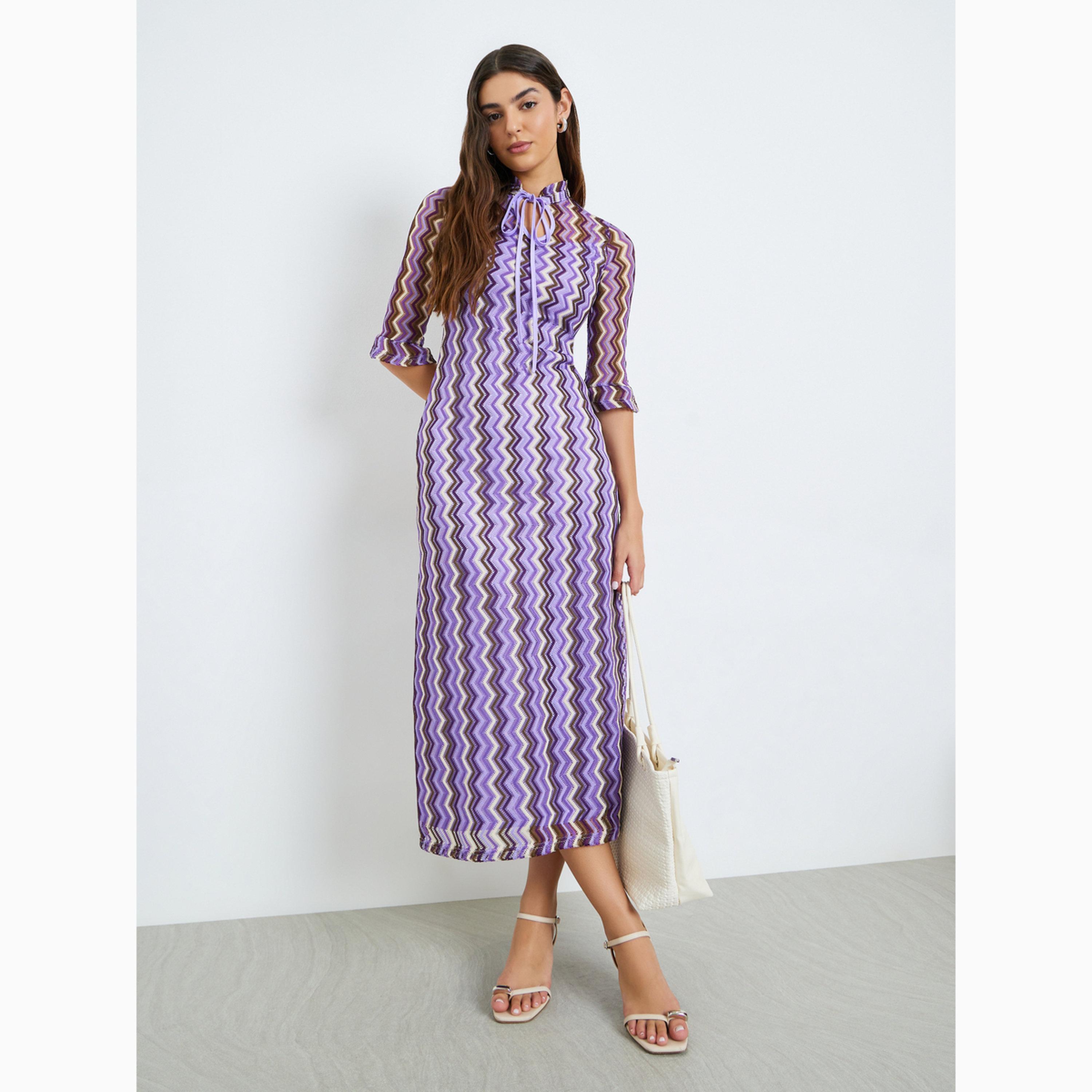 فستان ميدي محبوك بنمط زجزاج وأكمام 3/4-women-clothing-dresses-image-1