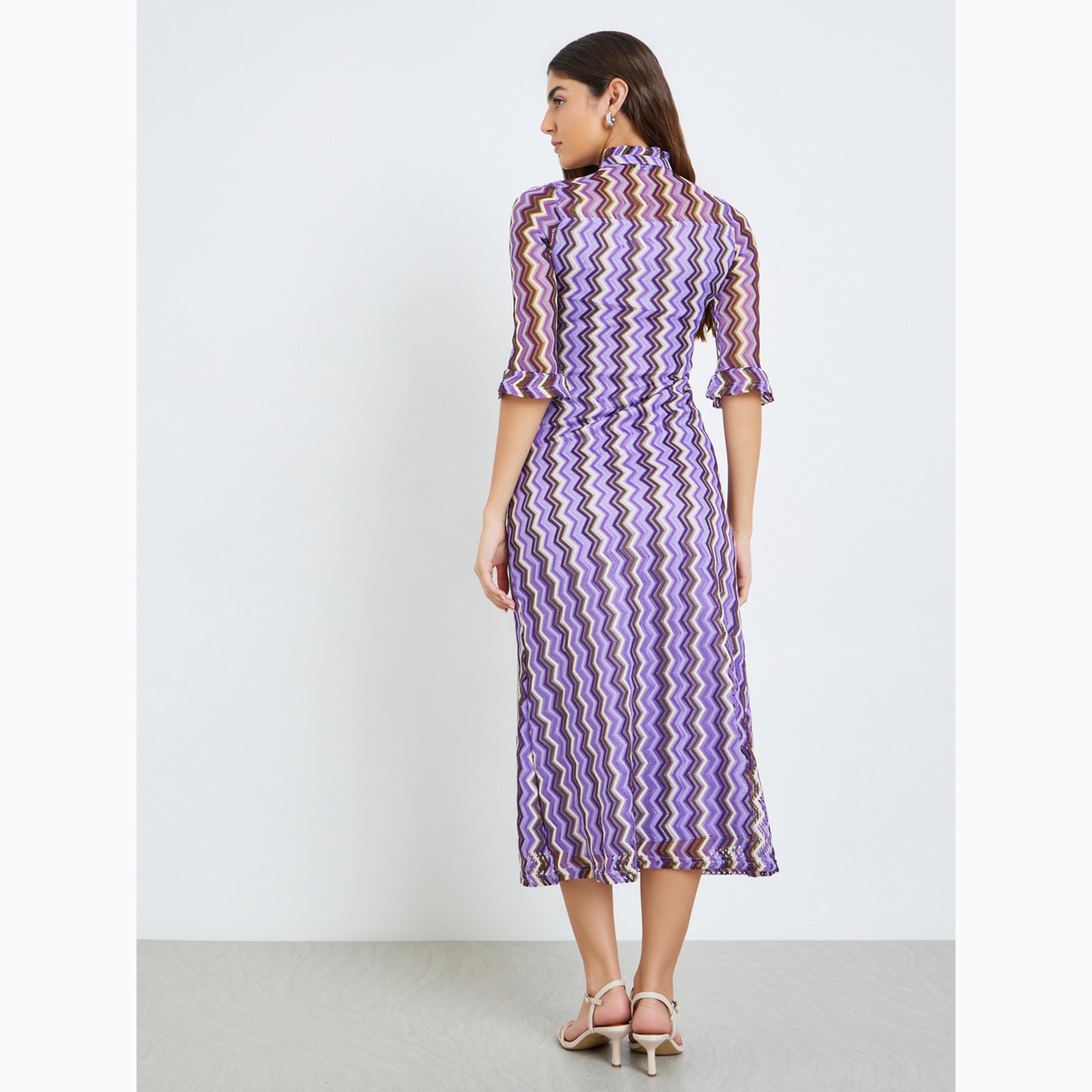 فستان ميدي محبوك بنمط زجزاج وأكمام 3/4-women-clothing-dresses-image-4